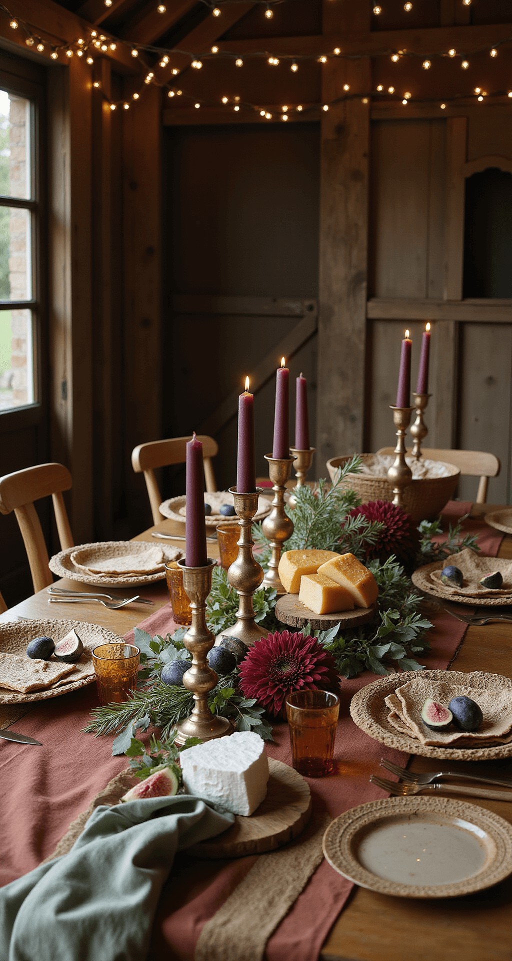 Decorating Wedding Cakes with Flowers A cozy autumn dinner party table in a rustic barn, featuring terracotta and sage linens, artisanal cheeses, figs, honey, olive branches, burgundy dahlias, brass candlesticks with burgundy tapers, amber votives, handwoven bread baskets, and earthenware plates, under fairy lights and wooden beams.