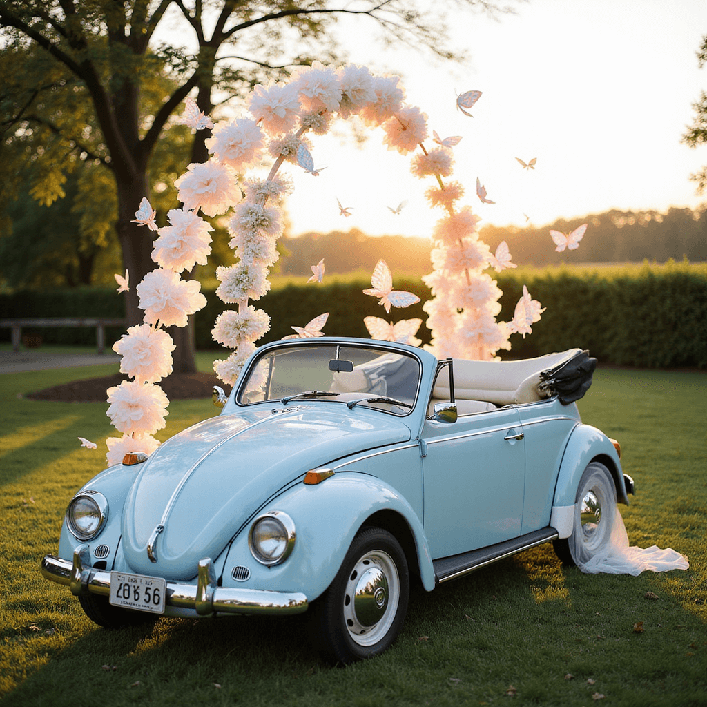 Ultimate Wedding Car Decor: Create Magical Send-Off Moments A whimsical garden wedding scene showcasing a powder blue classic Beetle convertible adorned with pastel paper flowers, delicate butterfly decorations, and custom calligraphy side panels, all illuminated by soft backlight, captured from above to highlight the artistic arrangement.