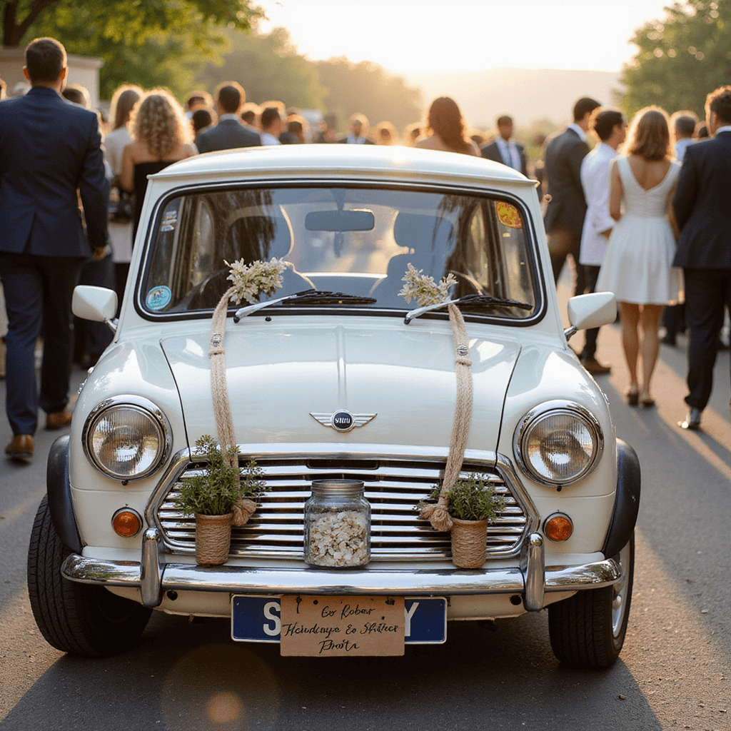 Ultimate Wedding Car Decor: Create Magical Send-Off Moments An eco-friendly wedding exit featuring an electric Mini Cooper decorated with sustainable dried flowers and biodegradable bunting, surrounded by guests with eco-conscious send-off items in soft morning light.