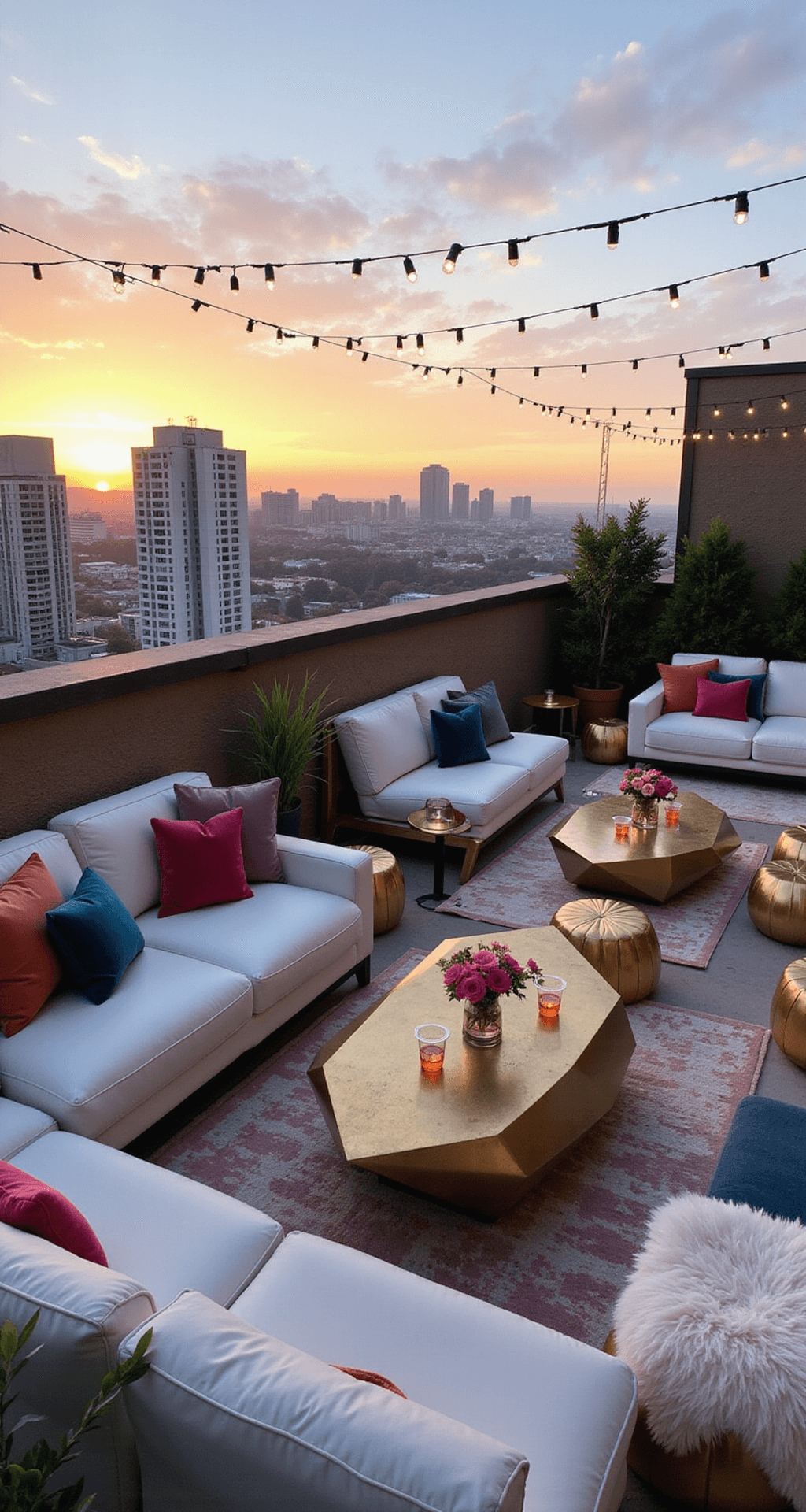 Decorating Wedding Cakes with Flowers Modern rooftop cocktail party at sunset with white leather sectionals, jewel-toned pillows, brass coffee tables, LED-lit drink tables, and string lights against city views and cotton candy skies.