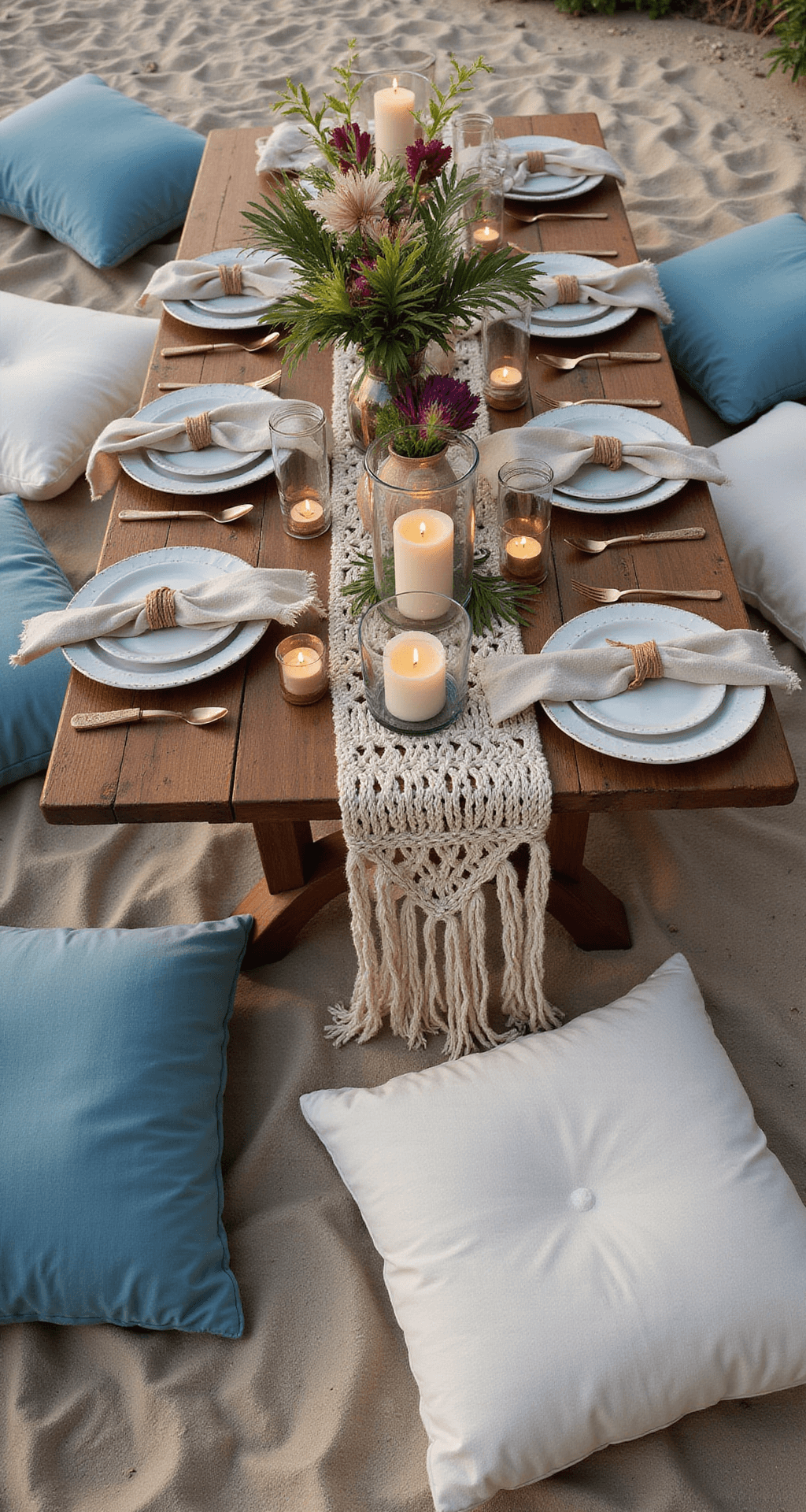 Decorating Wedding Cakes with Flowers A bohemian beach celebration scene with a low dining table surrounded by sandy and ocean blue floor cushions, featuring macramé runners, shell accents, driftwood, tropical flowers, and candles in rope-wrapped holders, with tiki torches and lanterns glowing at twilight.