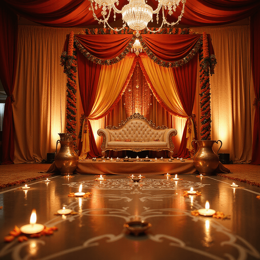 Indian Wedding Decor: Your Ultimate Guide to Stunning Celebrations A grand Indian mandap ceremony setup at golden hour, featuring a crimson and gold silk draped mandap with marigold garlands, brass bells, and crystal chandeliers, highlighting intricate rangoli patterns beneath amidst scattered brass urns and diyas.
