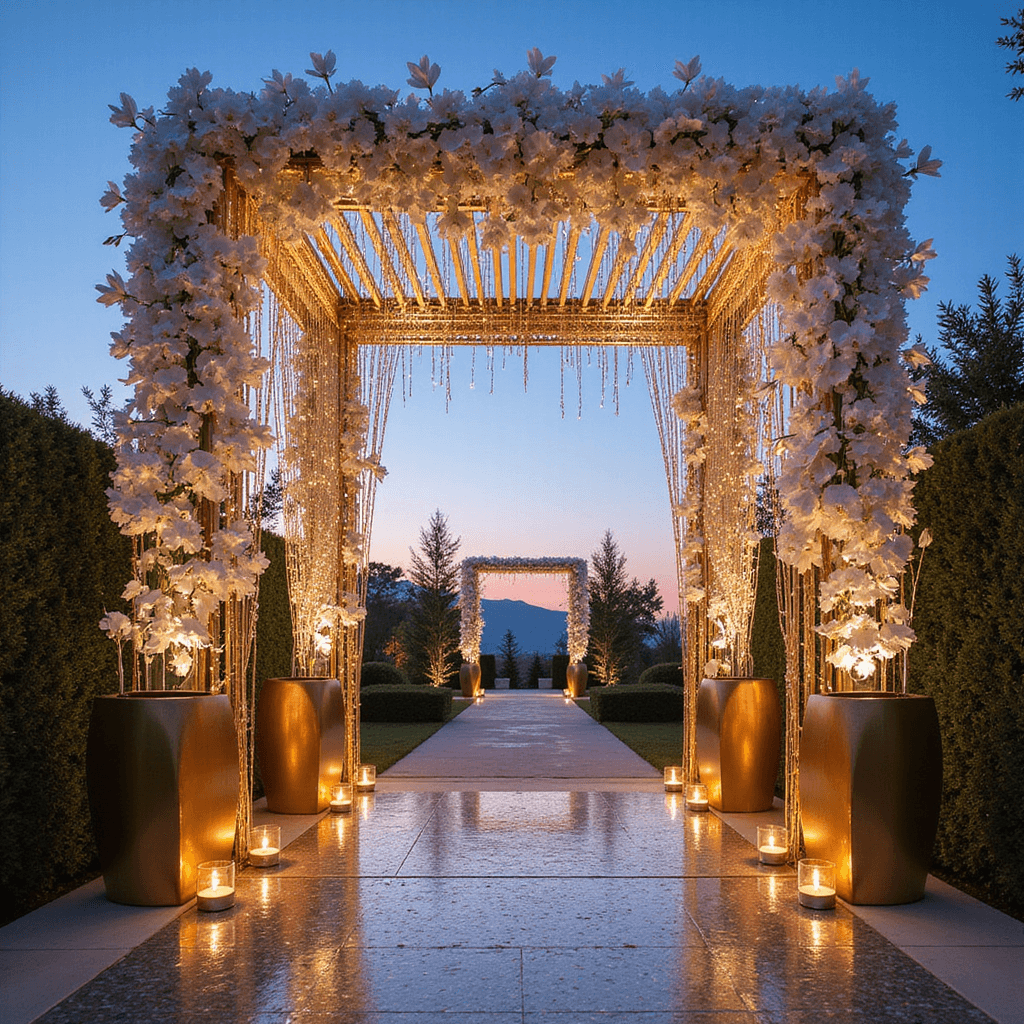 Indian Wedding Decor: Your Ultimate Guide to Stunning Celebrations Low-angle view of a modern fusion Indian wedding entrance arch at dusk, featuring a geometric metal framework adorned with white orchids and LED lights, with metallic gold and silver draping cascading asymmetrically. The mirror mosaic floor reflects blush uplighting, lined with minimalist brass urns holding floating candles, merging clean architectural lines with traditional elements.