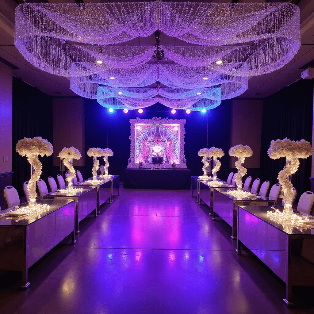 Indian Wedding Decor: Your Ultimate Guide to Stunning Celebrations An elevated view of a dramatic evening reception featuring a crystal-draped ceiling resembling a starry sky, a glowing LED-lit acrylic mandap in purple and blue, mirrored tables with tall crystal candelabras adorned with orchid garlands, and soft fairy lights enhancing the ambiance.
