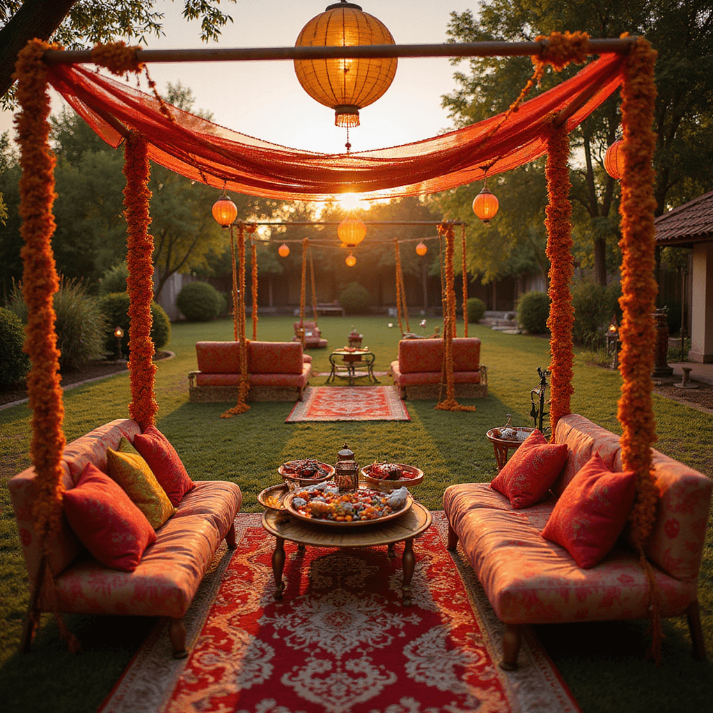 Indian Wedding Decor: Your Ultimate Guide to Stunning Celebrations A vibrant outdoor North Indian mehndi celebration at sunset, featuring marigold-decorated swings, low seating with silk cushions, brass lamps, and paper umbrellas. The scene showcases detailed henna stations adorned with colorful bangles and dupatta canopies, illuminated by warm golden lighting that enhances rich jewel tones.