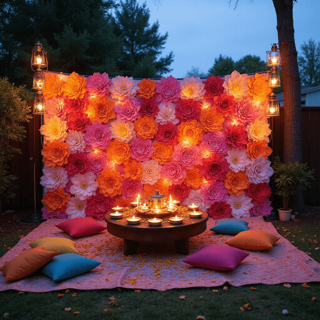 Indian Wedding Decor: Your Ultimate Guide to Stunning Celebrations A budget-friendly backyard sangeet setup at blue hour, featuring an ombre pink to orange paper flower backdrop, clustered fairy lights, brass lanterns, colorful floor cushions, low tables adorned with floating candles and marigold petals, creating a casual yet festive atmosphere.