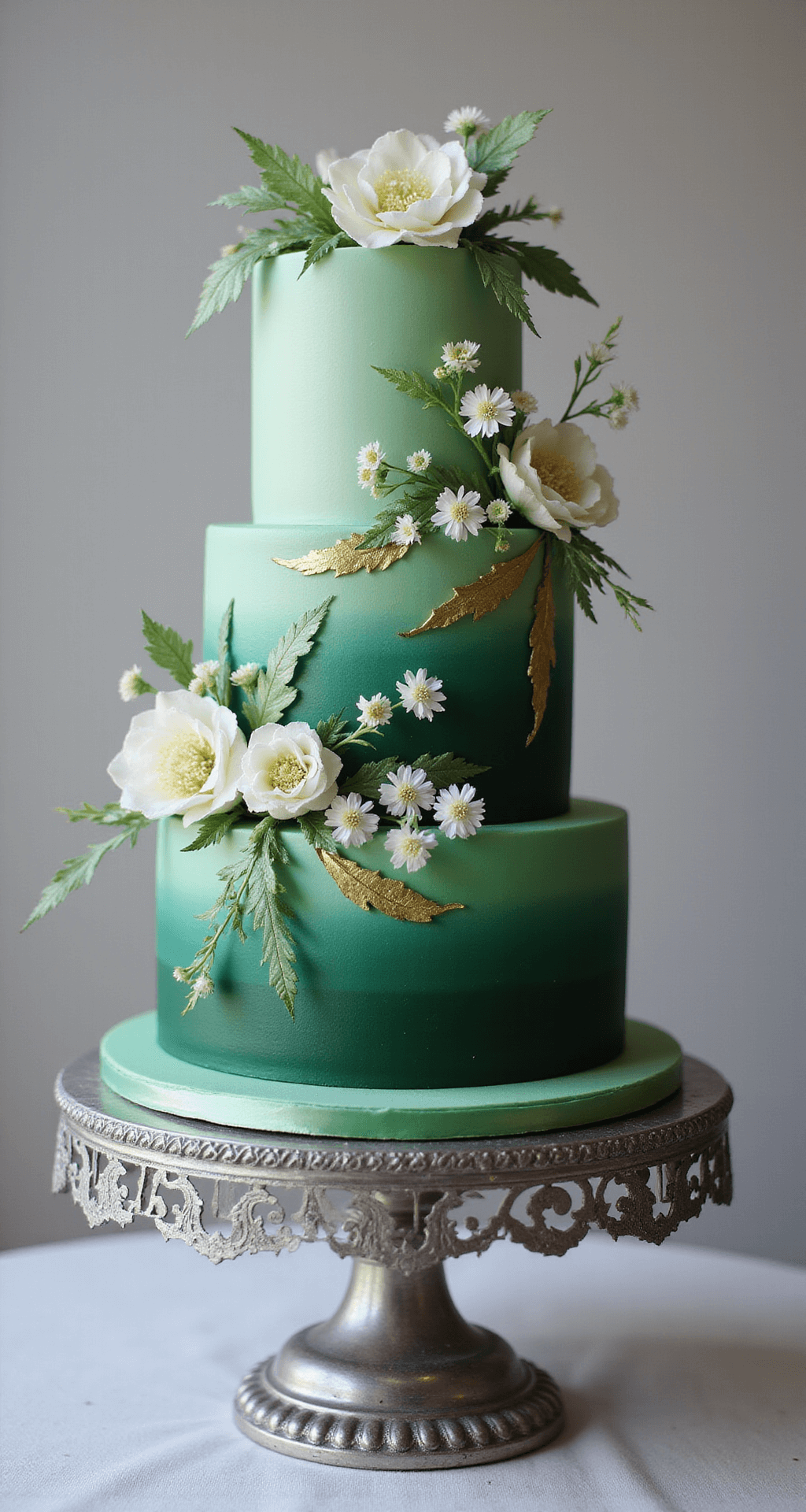 Emerald Dreams: The Ultimate Green Wedding Cake Guide Three-tier emerald green wedding cake on a silver stand, featuring a gradient of emerald tones, gold leaf accents, cascading white and pale green sugar flowers, marzipan leaves, and crystallized edible flowers, all against a soft-focus neutral background.