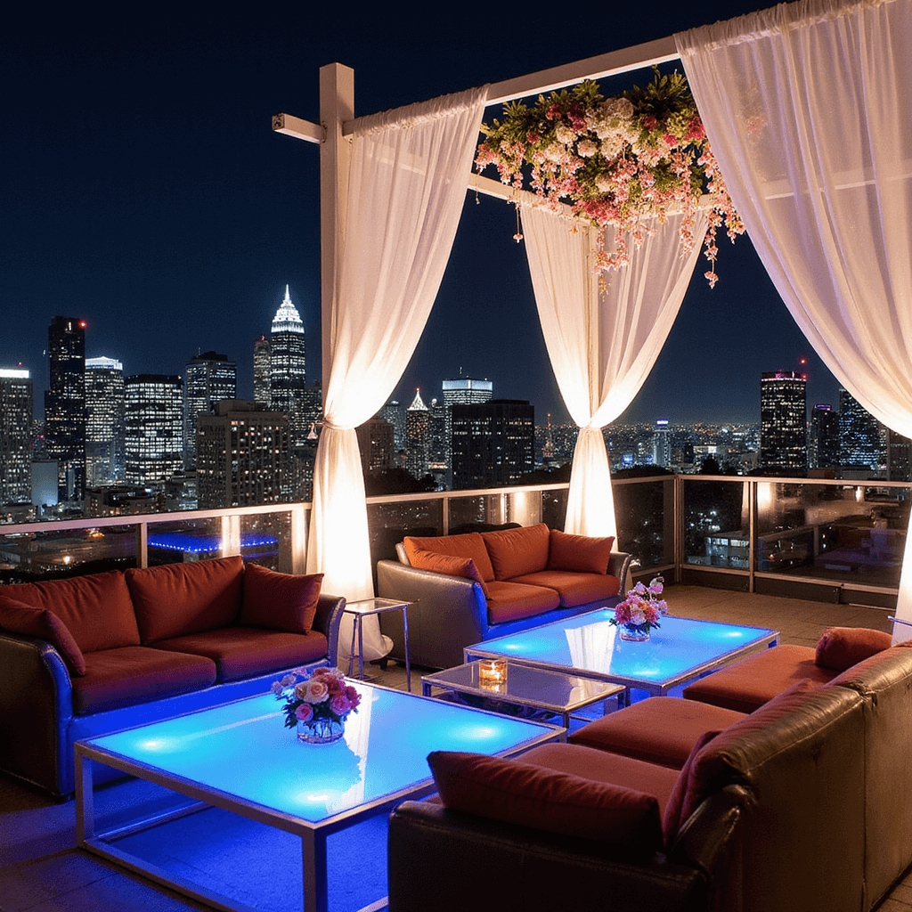 Indian Wedding Decor: Your Ultimate Guide to Stunning Celebrations A luxurious rooftop cocktail setup at night, featuring a contemporary white mandap with crystal curtains and floral installations, metallic furniture with jewel-toned velvet cushions, and softly pulsing LED table centers, all illuminated by dramatic uplighting against a backdrop of city lights.