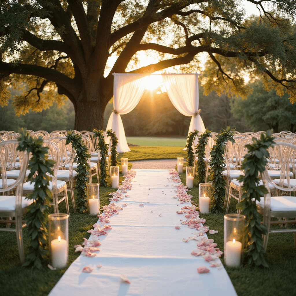 Wedding Aisle Decorations: Transform Your Ceremony Walk into a Magical Moment A beautifully arranged wedding ceremony aisle at golden hour, adorned with eucalyptus garlands on ghost chairs, illuminated by candlelit crystal hurricanes, and scattered with rose petals, all under a majestic oak tree canopy and ethereal drapery.