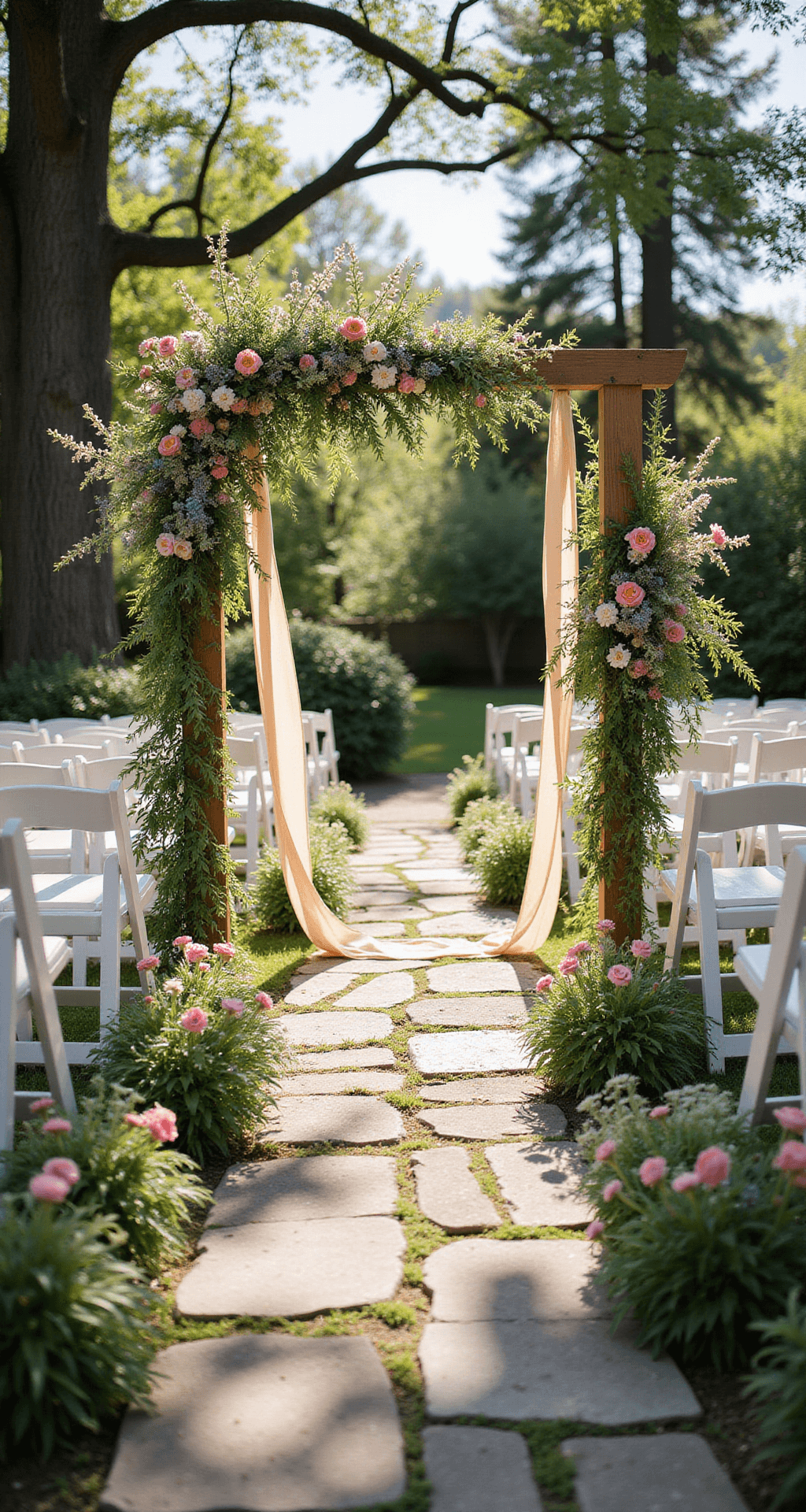 Ultimate Wedding Aisle Flower Arrangement Guide: Creating Your Dream Ceremony Decor A sunlit garden ceremony aisle with wide-angle view, lined with towering meadow-style floral arrangements featuring wild delphinium, cosmos, and Queen Anne's lace. White wooden folding chairs with champagne silk ribbons frame the pathway. Morning light filters through trees, casting shadows on the stone path, enhancing the enchanted garden atmosphere.