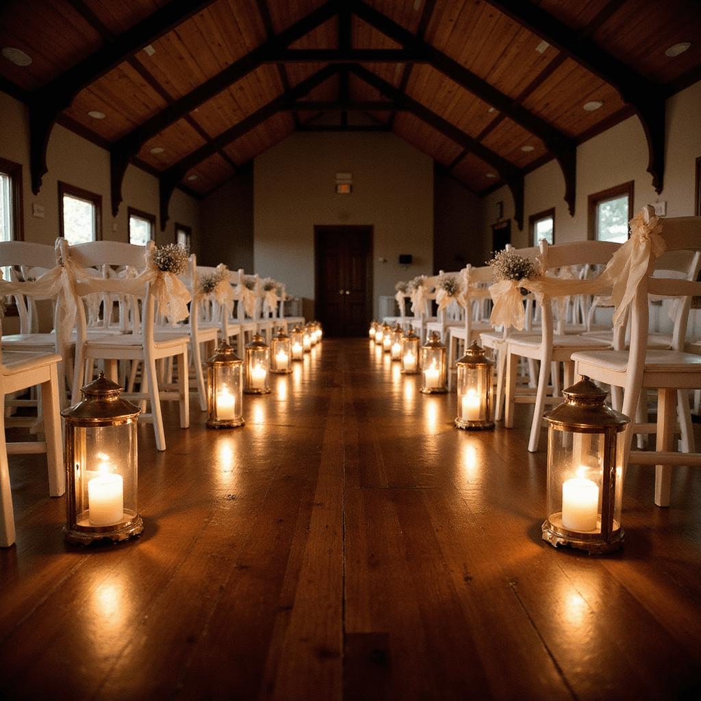 Wedding Aisle Decorations: Transform Your Ceremony Walk into a Magical Moment An intimate candlelit indoor ceremony setup with dramatic cathedral ceilings and exposed wooden beams, featuring brass lanterns lining a dark hardwood aisle, white chiavari chairs adorned with ivory silk ribbons and baby's breath bouquets, and soft uplighting casting subtle shadows.