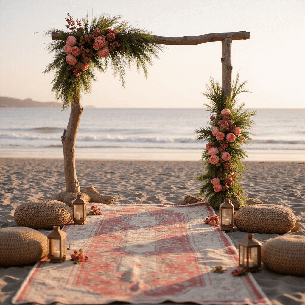 Wedding Aisle Decorations: Transform Your Ceremony Walk into a Magical Moment Bohemian beach ceremony at sunrise featuring a driftwood archway adorned with pampas grass and coral charm peonies, vintage Persian rugs for an aisle, scattered protea blooms, metallic copper lanterns, and low woven rattan poufs for seating in soft pink morning light.