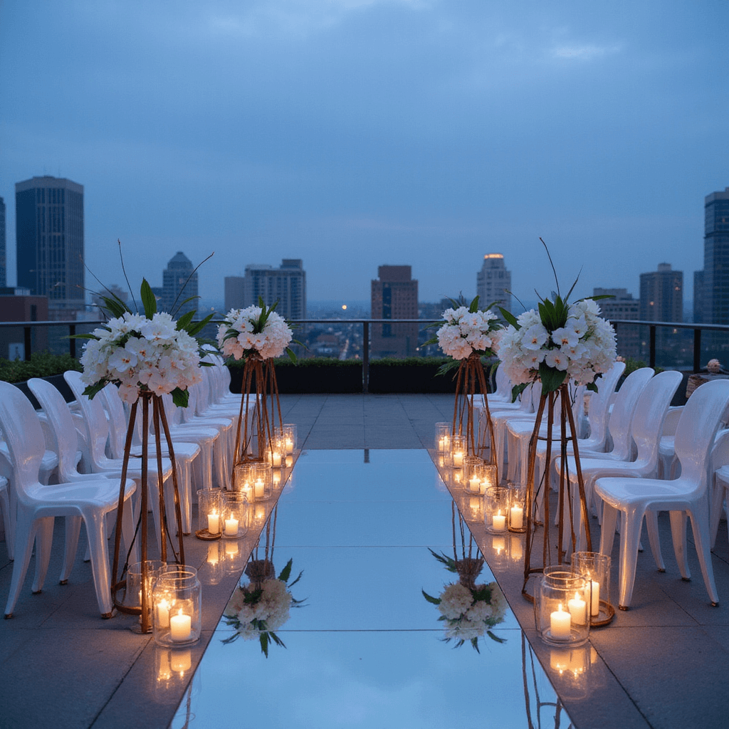Wedding Aisle Decorations: Transform Your Ceremony Walk into a Magical Moment A modern rooftop ceremony setup at blue hour featuring white lucite chairs along a mirrored aisle, geometric copper stands with white orchids and monstera leaves, and glass wind barriers with floating candles, all viewed from overhead.