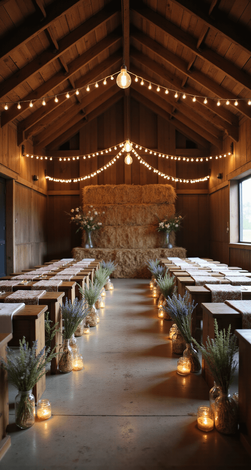 Ultimate Wedding Aisle Flower Arrangement Guide: Creating Your Dream Ceremony Decor Ground-level view of a rustic barn ceremony with mason jar wildflowers and fairy lights on shepherd's hooks. Wooden benches with vintage quilts, textural aisle markers of dried lavender, wheat, and astilbe. Edison bulbs cast warm glow from above. Altar backdrop of hay bales with white fabric.