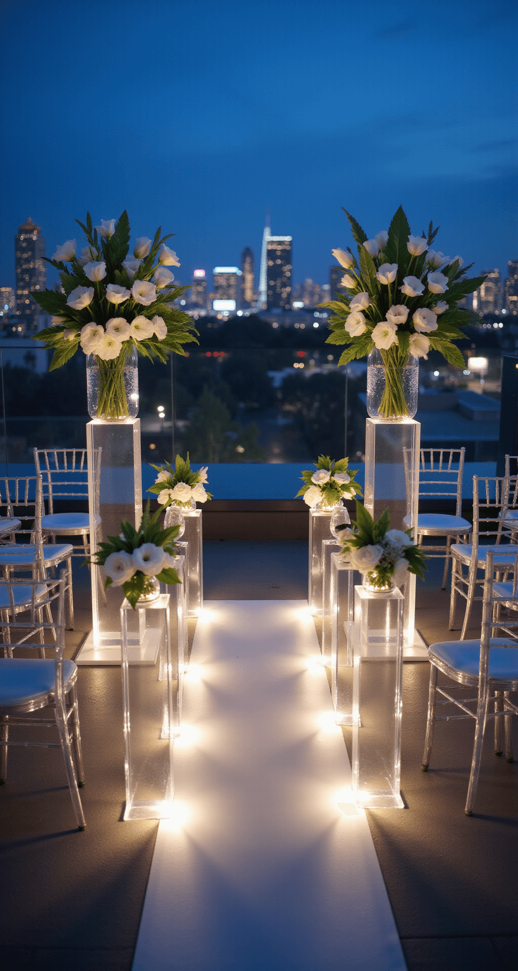 Ultimate Wedding Aisle Flower Arrangement Guide: Creating Your Dream Ceremony Decor A modern minimalist rooftop ceremony at blue hour with tall acrylic pedestals holding white calla lilies and monstera leaves, framed by ghost chairs. City lights twinkle in the background, while LED light strips illuminate the frosted acrylic aisle runner, and dramatic uplighting enhances the floral arrangements.