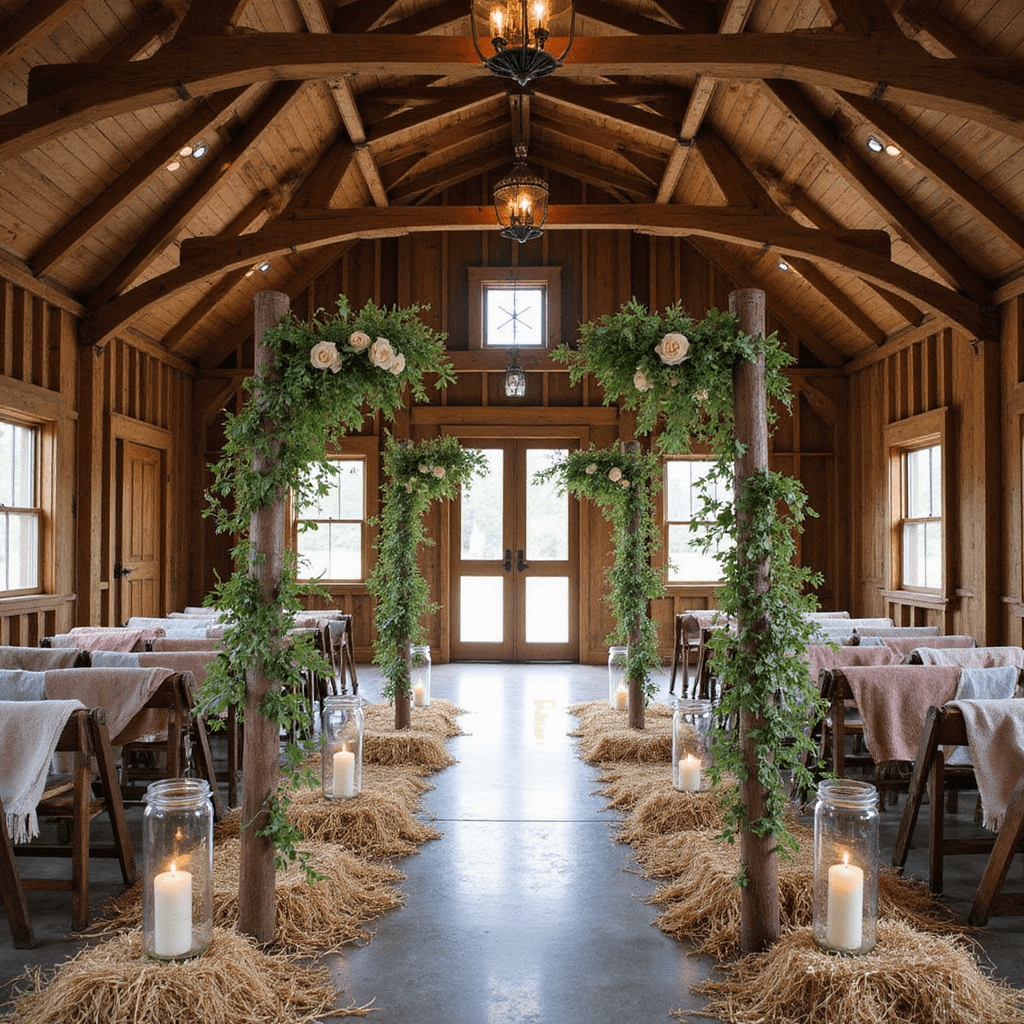 Wedding Aisle Decorations: Transform Your Ceremony Walk into a Magical Moment A rustic barn ceremony featuring wooden rafters, vintage ladder archways adorned with wild jasmine vines and mason jars of garden roses, hay bale seating with blankets, and antique copper lanterns, all illuminated by natural light streaming through gaps.