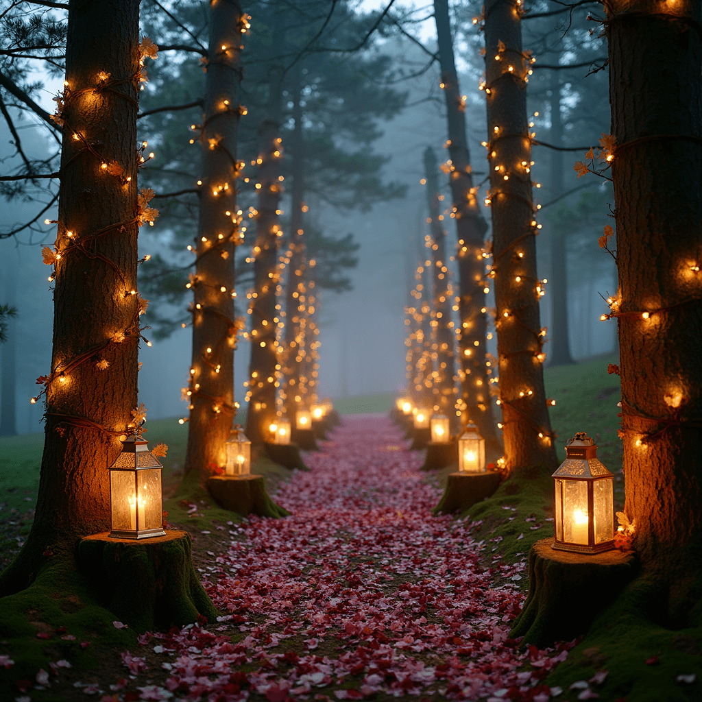 Wedding Aisle Decorations: Transform Your Ceremony Walk into a Magical Moment A magical twilight scene in an enchanted forest ceremony, featuring an aisle of twinkling fairy lights wrapped around tree trunks, moss-covered stumps with mercury glass lanterns, and scattered deep jewel-toned flower petals, all enhanced by low fog and uplighting in the trees, captured from a ground-level perspective looking up through branches.