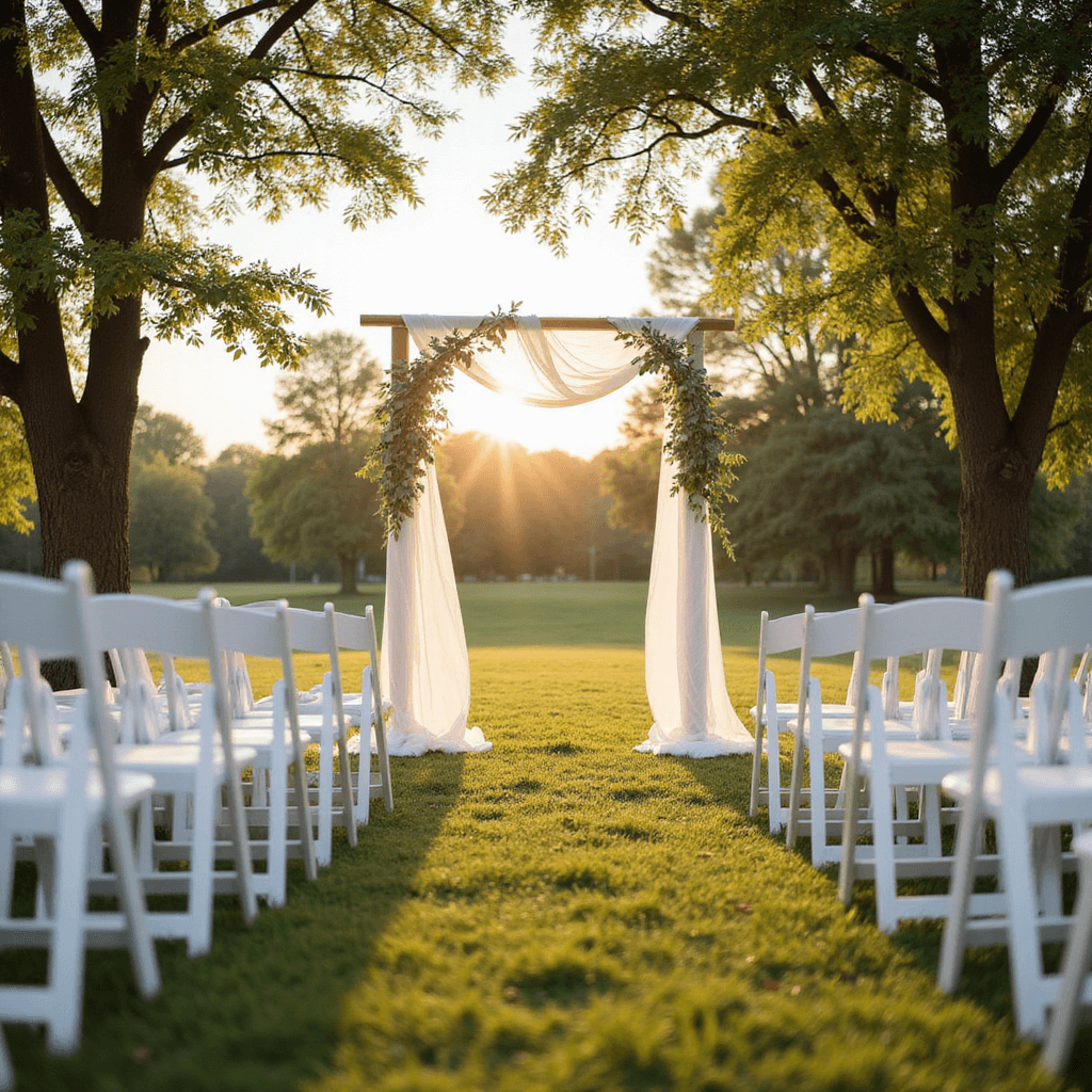Simple Wedding Decor: Create a Stunning Celebration Without Breaking the Bank A sunlit garden ceremony setup featuring minimalist white wooden chairs, eucalyptus garlands, and a delicate white fabric arch adorned with greenery, all captured during golden hour with soft natural light filtering through trees.