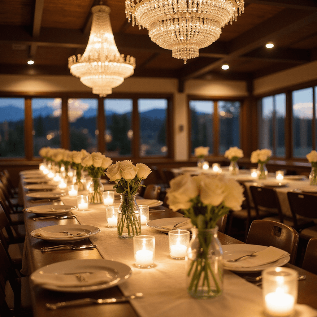 Simple Wedding Decor: Create a Stunning Celebration Without Breaking the Bank An elegant indoor ballroom reception featuring long farm tables with cream linen runners and scattered bud vases of single stem white roses, illuminated by warm mercury glass votives and soft chandelier light, viewed from an elevated angle.