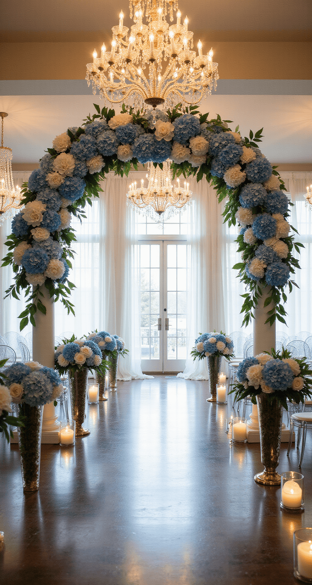 Blue Wedding Flowers: A Dreamy Guide to Creating Stunning Floral Arrangements A grand ballroom wedding setup with an 8-foot floral arch of blue hydrangeas and white orchids, under warm-lit crystal chandeliers, with ghost chairs in curved rows and a natural light-filled atmosphere.