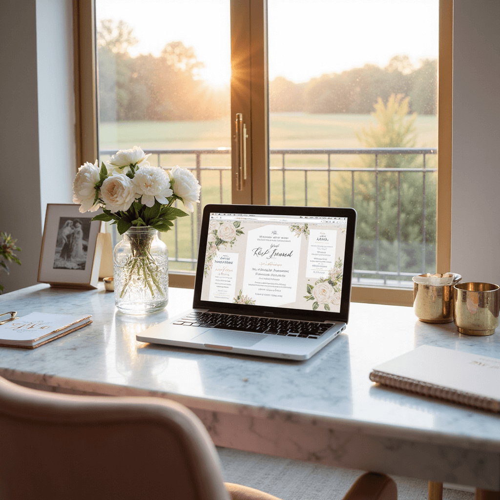 Digital Wedding Invitations: A Modern Couple's Complete Guide Luxurious home office with marble desk, laptop showing wedding invitation, crystal vase with peonies, rose gold planner, blush pink velvet chair, and brass accents bathed in golden hour light.