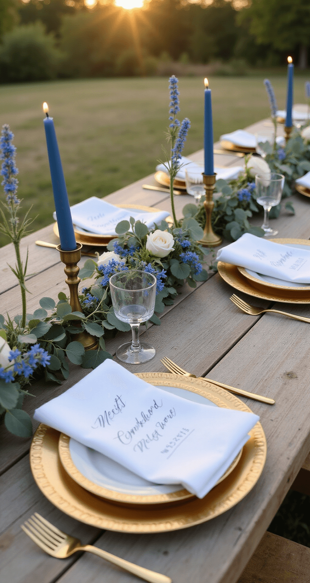 Blue Wedding Flowers: A Dreamy Guide to Creating Stunning Floral Arrangements Farm table set for a reception with golden hour lighting, featuring a 20-foot garland of blue thistle, white garden roses, and eucalyptus. Vintage brass candlesticks with blue tapers and bud vases with cornflowers adorn the table. Place settings include gold-rimmed chargers, white linens, and calligraphed place cards with pressed blue flowers.