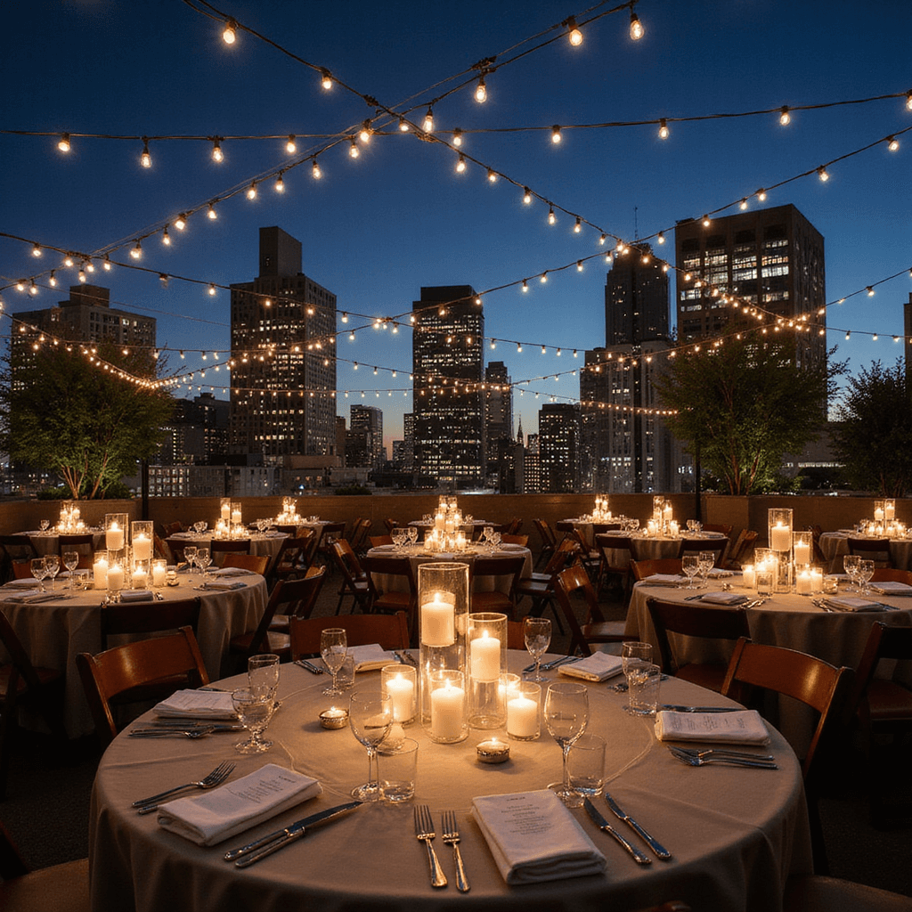 Simple Wedding Decor: Create a Stunning Celebration Without Breaking the Bank Aerial view of a twilight terrace celebration with round tables dressed in dove gray linens, minimalist glass cylinder centerpieces with floating candles, and string lights overhead, against a sparkling cityscape backdrop and elegant place settings featuring white china and silver accents.