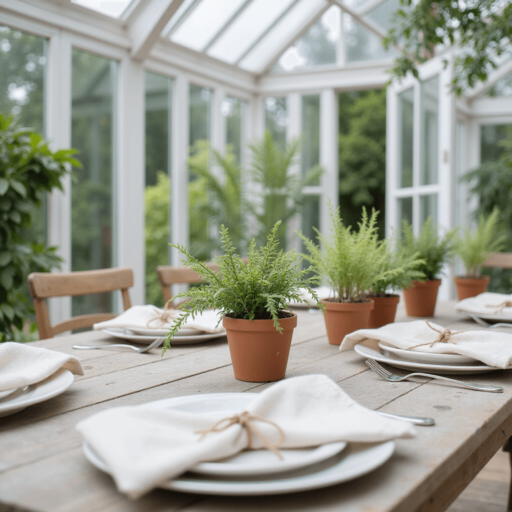 Simple Wedding Decor: Create a Stunning Celebration Without Breaking the Bank A bright conservatory brunch setup featuring white-washed wooden tables with potted herbs and ferns, soft muslin napkins tied with twine on matte white plates, and natural light creating warm shadows.