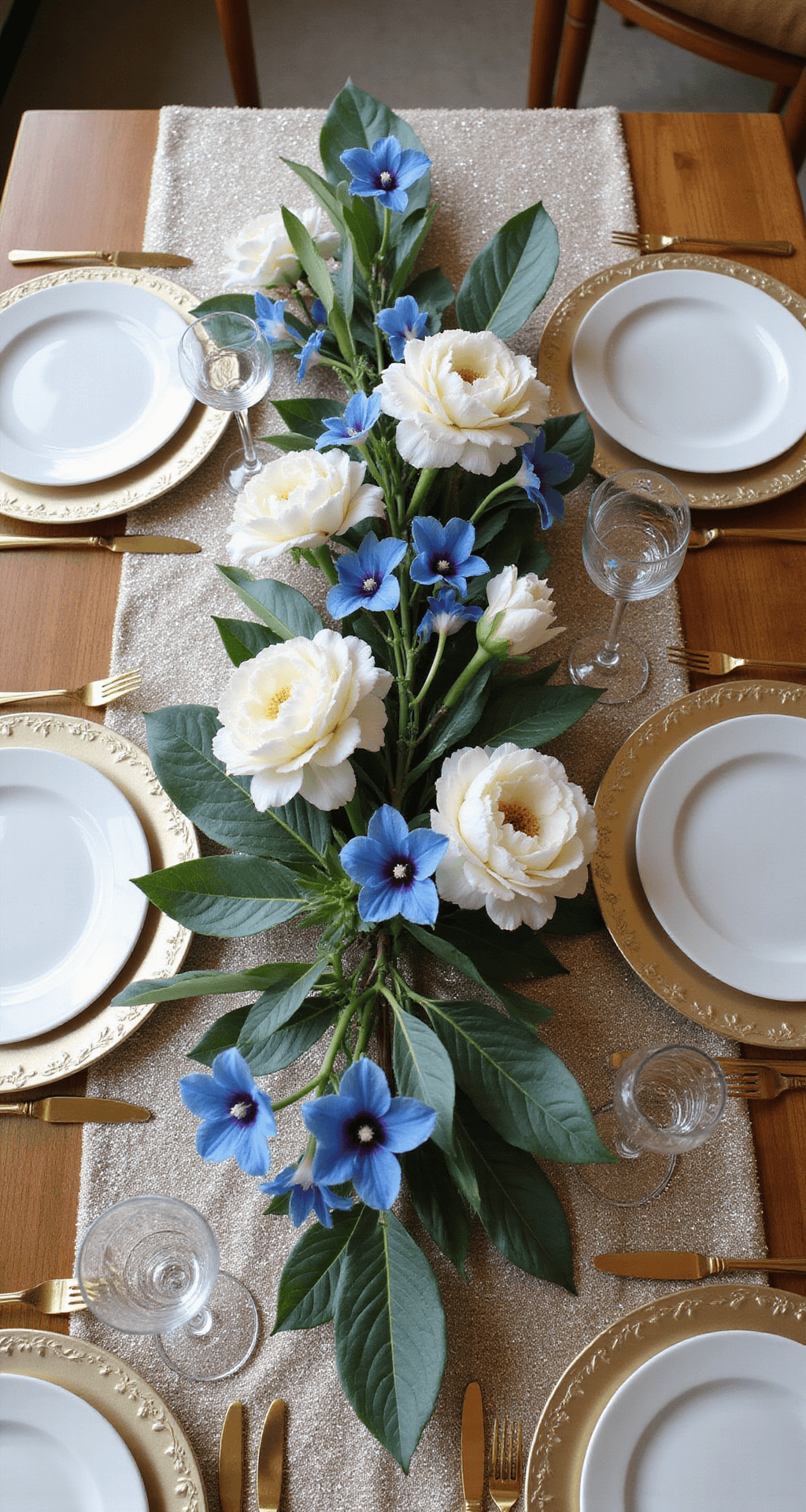 Blue Wedding Flowers: A Dreamy Guide to Creating Stunning Floral Arrangements Overhead view of an elegant sweetheart table with a centerpiece of blue orchids, white peonies, and metallic monstera leaves on a champagne sequin tablecloth, surrounded by crystal candleholders, gold-rimmed glassware, and baroque charger plates, softly lit by window light.