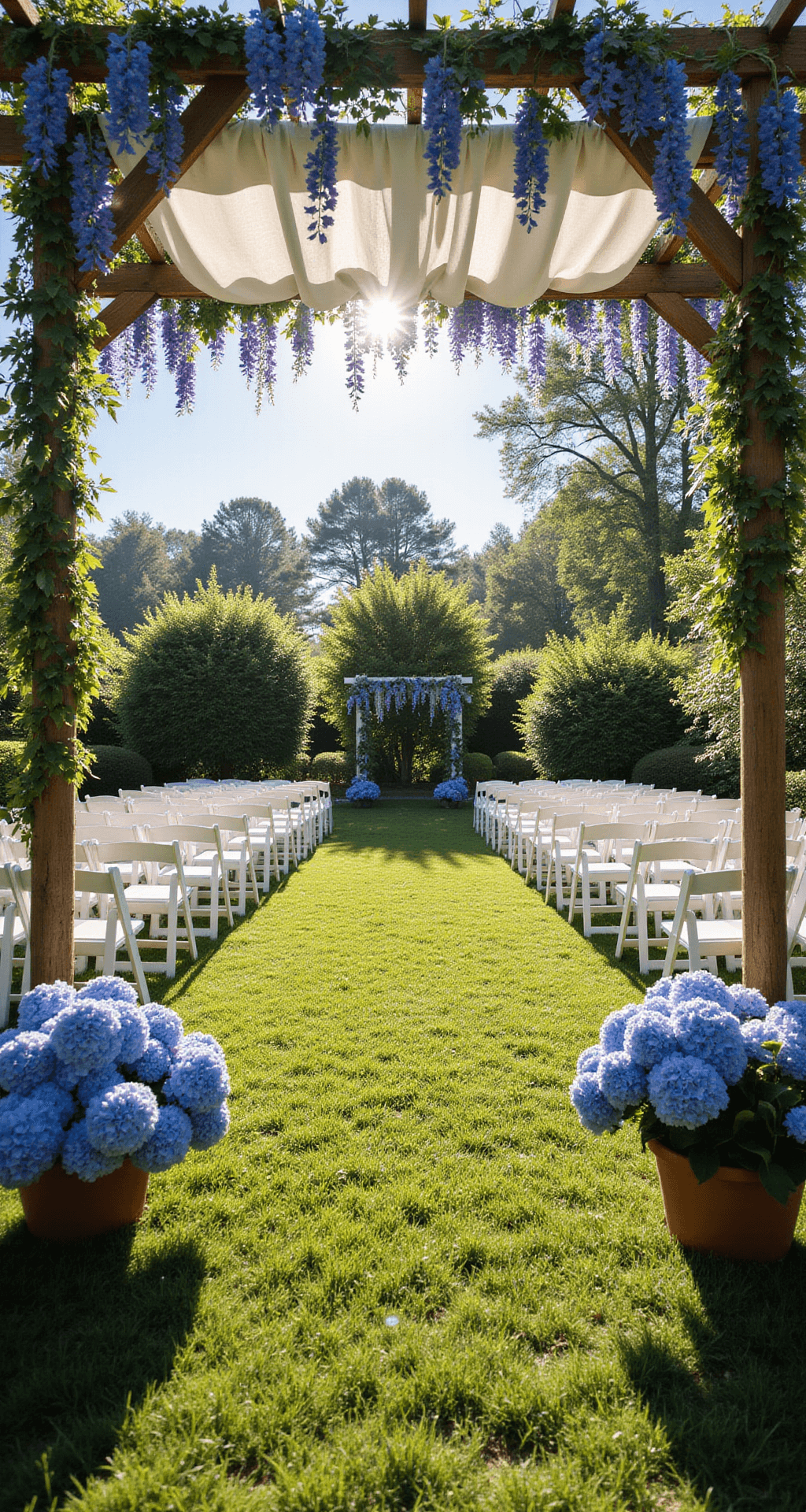Blue Wedding Flowers: A Dreamy Guide to Creating Stunning Floral Arrangements A low-angle view of a sunlit garden ceremony site featuring a wooden pergola adorned with sheer white fabric, blue delphiniums, and wisteria. White chairs are arranged on a manicured lawn, and potted blue hydrangeas line the aisle, all basking in soft morning light.