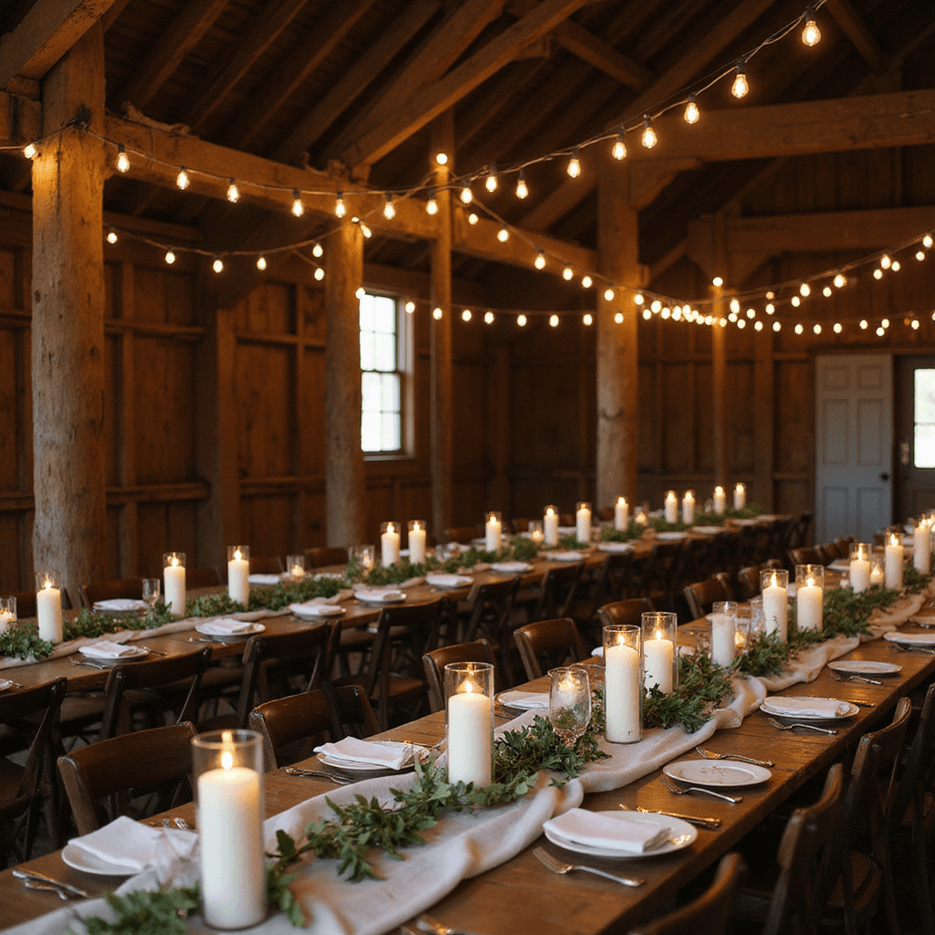 Simple Wedding Decor: Create a Stunning Celebration Without Breaking the Bank An intimate barn gathering with wooden tables, gauzy runners, pillar candles, greenery garlands, and vintage Edison bulbs casting a warm glow, captured in a dreamy, shallow focus.