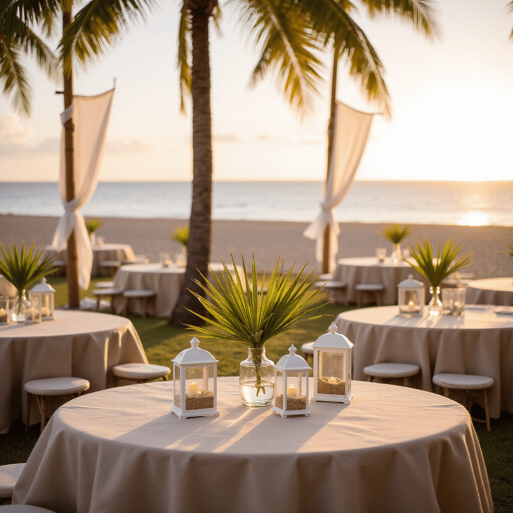 Simple Wedding Decor: Create a Stunning Celebration Without Breaking the Bank A seaside celebration at sunset featuring low cocktail tables with palm fronds in glass vases, white lanterns on the beach, and ethereal curtains tied to bamboo poles, all bathed in golden light with a soft bokeh effect on the ocean.