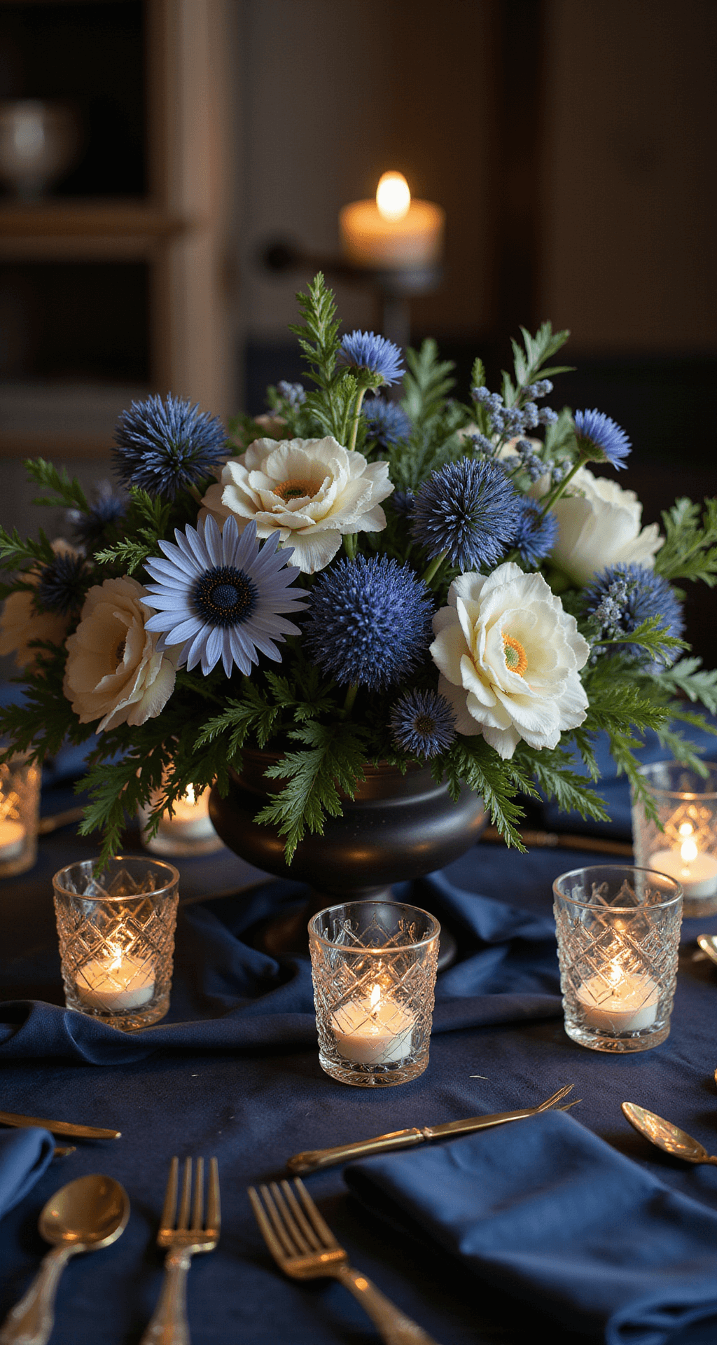 Blue Wedding Flowers: A Dreamy Guide to Creating Stunning Floral Arrangements A moody reception centerpiece with deep blue thistle, pale blue tweedia, and white anemones in a black ceramic compote on dark navy linens, accompanied by vintage-style cut crystal votives casting flickering light and gold flatware accents.