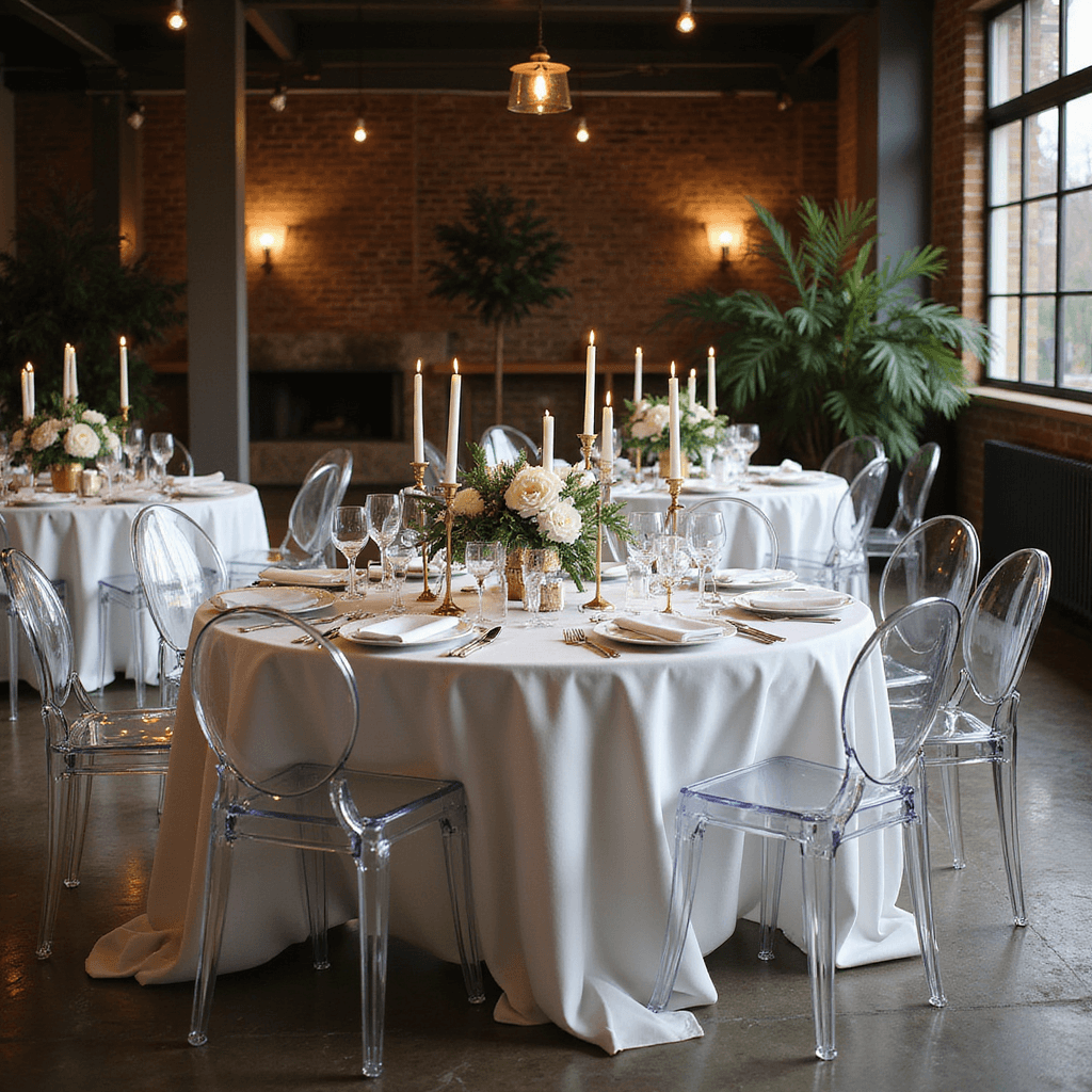 Simple Wedding Decor: Create a Stunning Celebration Without Breaking the Bank A winter evening soirée in a modern loft with ghost chairs, white linens, metallic accents, brass candle holders casting shadows, and vases of evergreen sprigs and white blooms, showcasing light and architectural features from various angles.