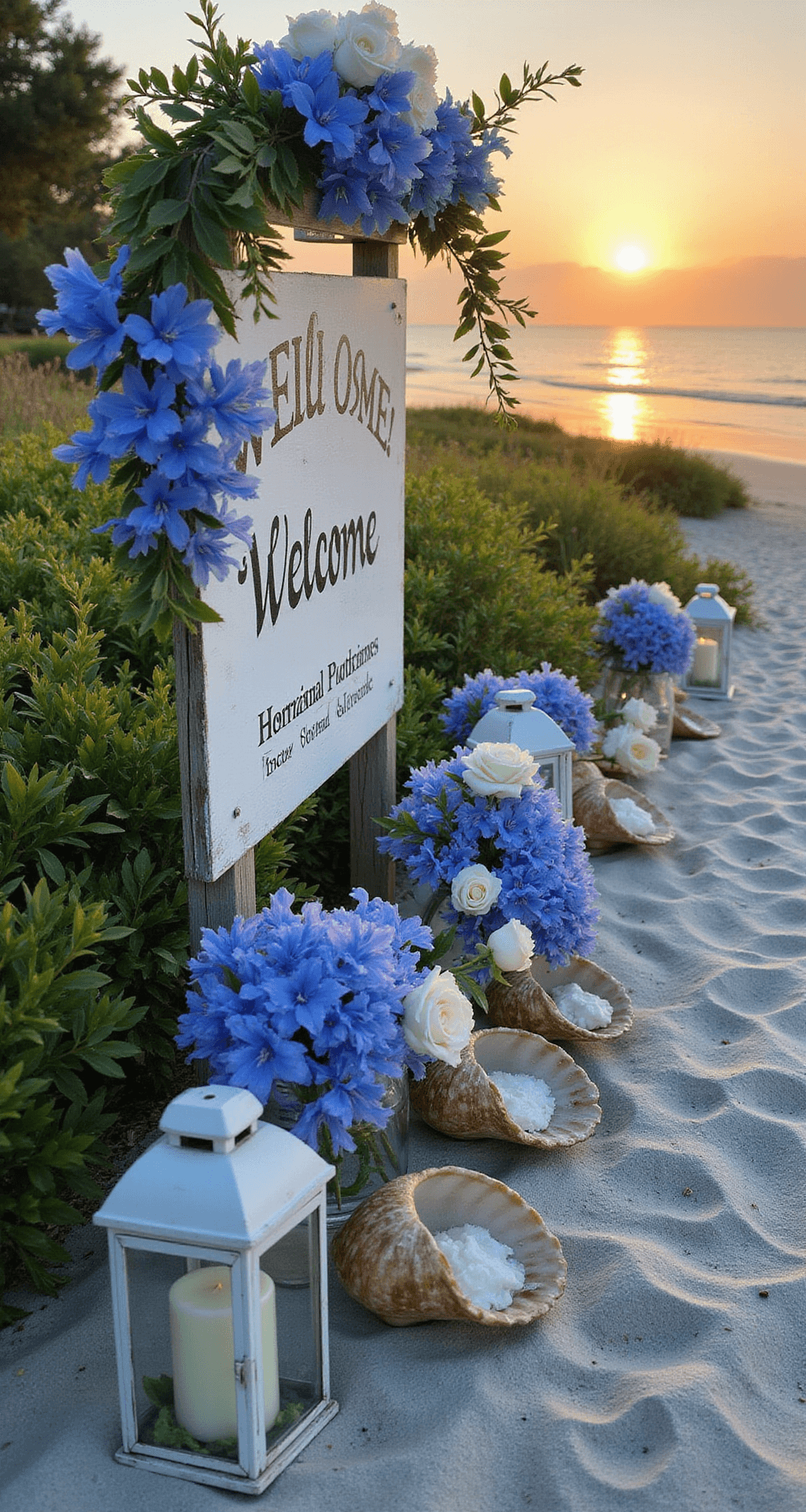 Blue Wedding Flowers: A Dreamy Guide to Creating Stunning Floral Arrangements Sunset view of a beachfront welcome display featuring a weathered wooden sign with blue orchids and white plumeria, shell-filled lanterns along a sandy path, and flowers spilling from conch shells, all bathed in golden light.