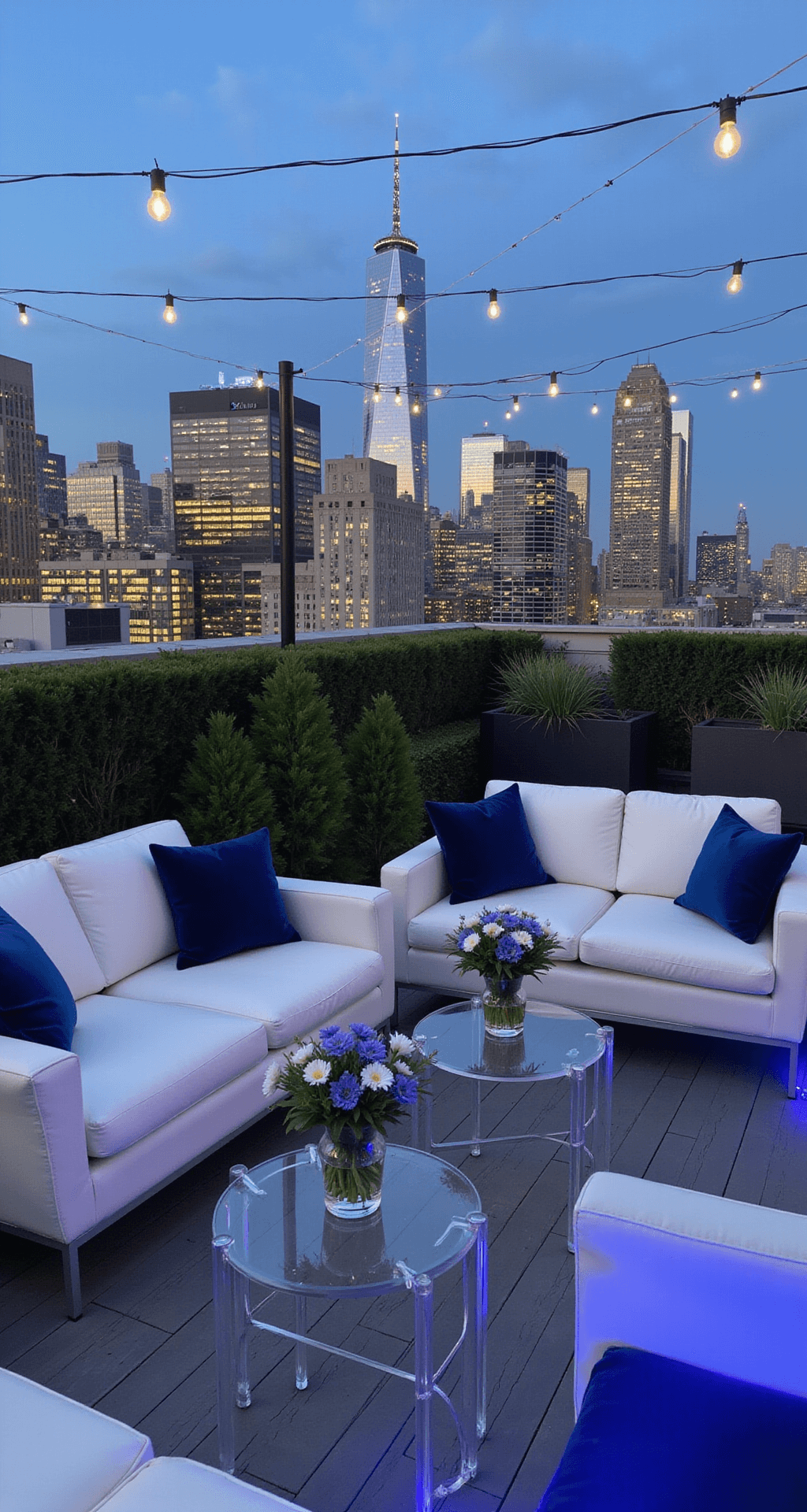 Blue Wedding Flowers: A Dreamy Guide to Creating Stunning Floral Arrangements A modern rooftop cocktail lounge at twilight with white leather seating, blue velvet pillows, blue muscari and white ranunculus on lucite tables, string lights, and a city skyline backdrop.