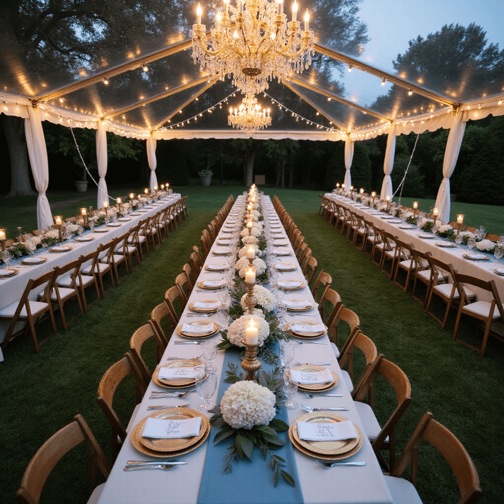 Stunning Outdoor Wedding Decor: Your Ultimate Guide to Creating Magical Celebrations Overhead view of a twilight reception on a manicured lawn, featuring long farm tables with ivory silk linens and dusty blue runners, adorned with white hydrangeas and brass candlesticks, under a clear-top tent with vintage chandeliers and twinkling fairy lights.