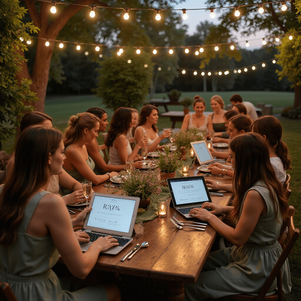 Digital Wedding Invitations: A Modern Couple's Complete Guide Guests enjoying an intimate garden party at twilight, seated on vintage chairs around rustic wooden tables with sage linens, interacting with tablets displaying wedding RSVPs, under market lights and surrounded by potted herbs and wildflowers.
