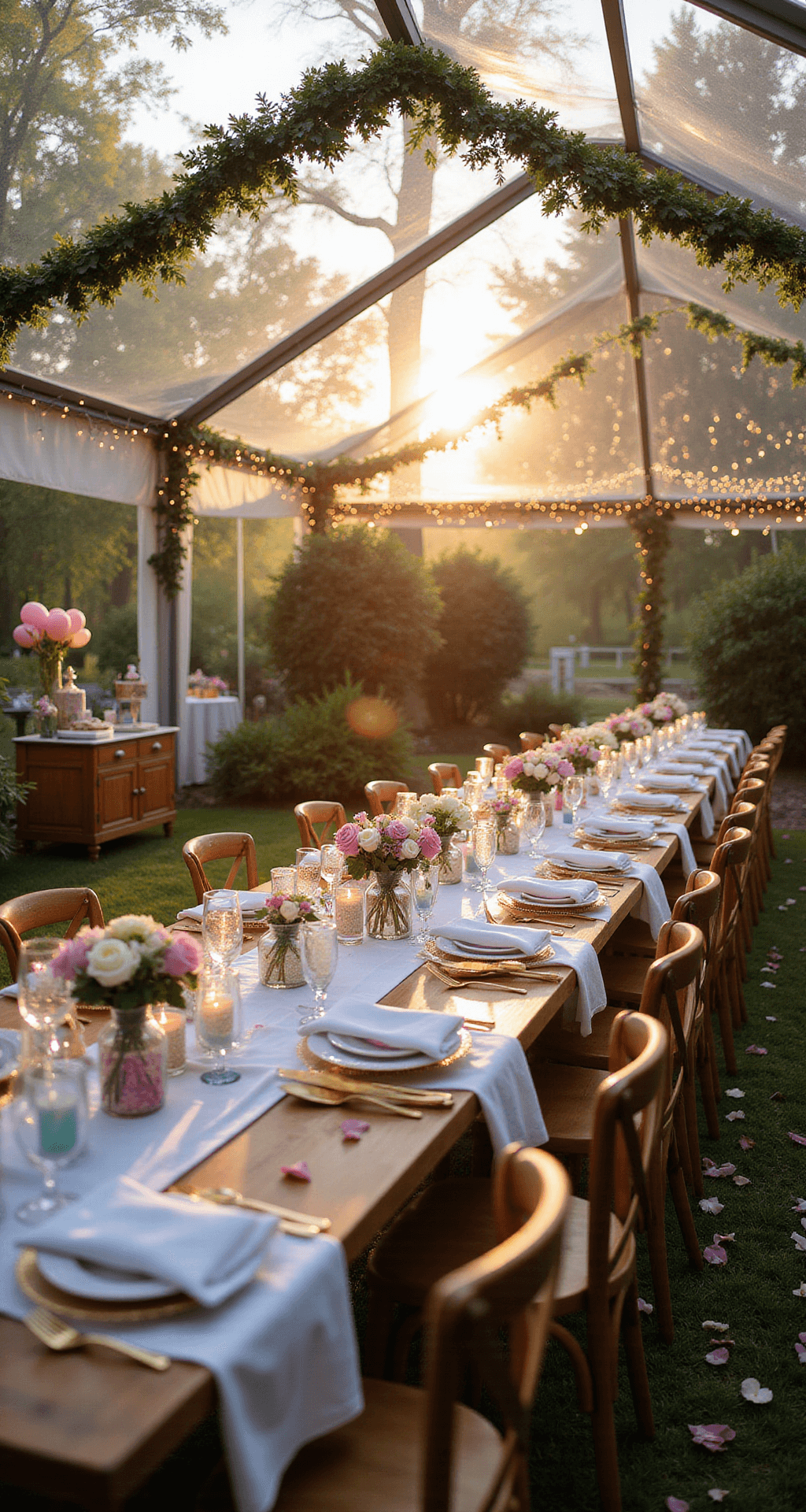 Ultimate Guide: Baby Girl Birthday Party Decorations That Wow! An elevated view of an enchanted garden party at golden hour, featuring a clear tent with fairy lights and greenery, unicorn centerpieces on farm tables, rainbow balloon garlands, and a dessert cart with pastel macarons and cupcakes under a sunset sky.