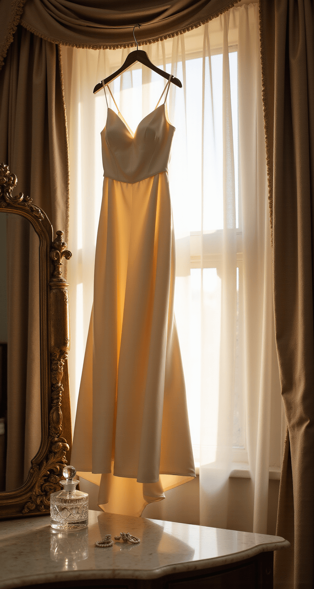 The Ultimate Guide to Silk Wedding Dresses: Everything You Need to Know About This Timeless Choice Close-up of a silk satin wedding dress hanging from a brass hanger, backlit by soft morning light, with a vintage crystal perfume bottle and pearl earrings on a marble vanity, creating a dreamy, intimate atmosphere.