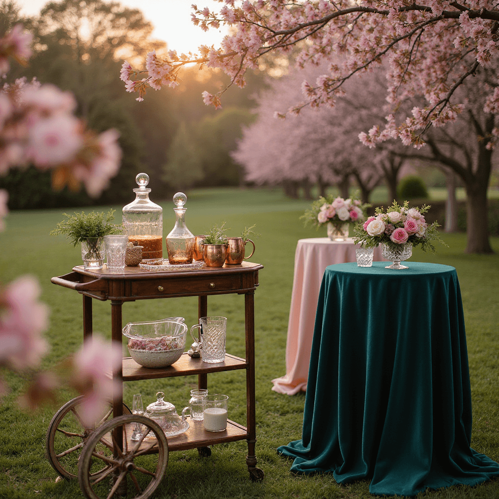 Stunning Outdoor Wedding Decor: Your Ultimate Guide to Creating Magical Celebrations A whimsical garden cocktail setup featuring a vintage bar cart with copper moscow mule mugs and crystal decanters, surrounded by cherry blossom branches. High cocktail tables with jewel-toned velvet linens and small bouquets in cut crystal vases are softly blurred in the dreamy background during magic hour.