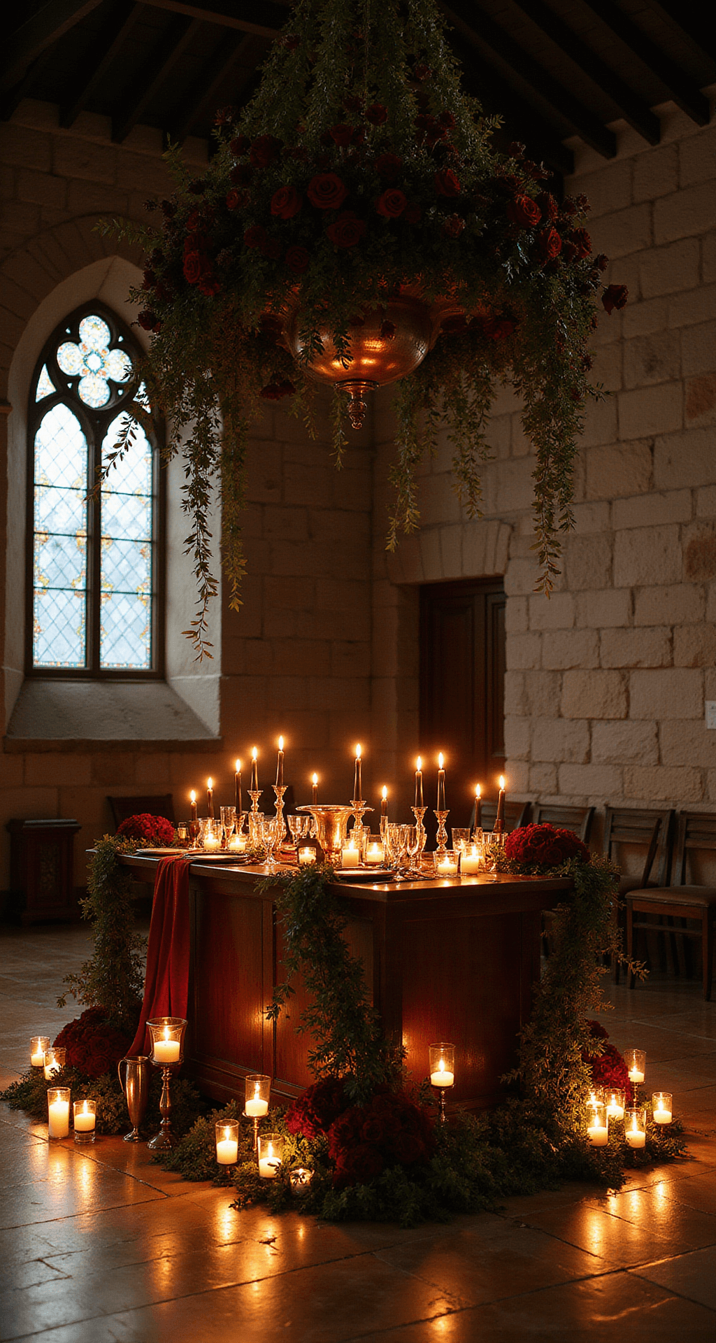 Moody Wedding Flowers: Unleashing Drama and Romance in Your Wedding Palette A dramatic wedding altar in a dimly lit historic stone chapel with cascading asymmetrical floral installations of burgundy roses, black calla lilies, and ivy, surrounded by black taper candles and metallic copper vessels. Velvet ribbons and moody shadows accentuate the weathered stone walls, with stained glass windows casting colorful reflections.