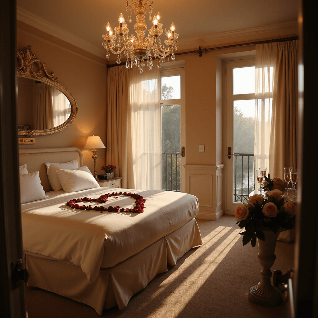 Crafting the Perfect Wedding Night Room Decor: A Comprehensive Guide A romantic hotel suite at dusk, featuring a king-sized bed with white silk sheets and rose petals, warm candlelight, a crystal chandelier, and a marble side table with champagne flutes and peonies, viewed from the doorway.