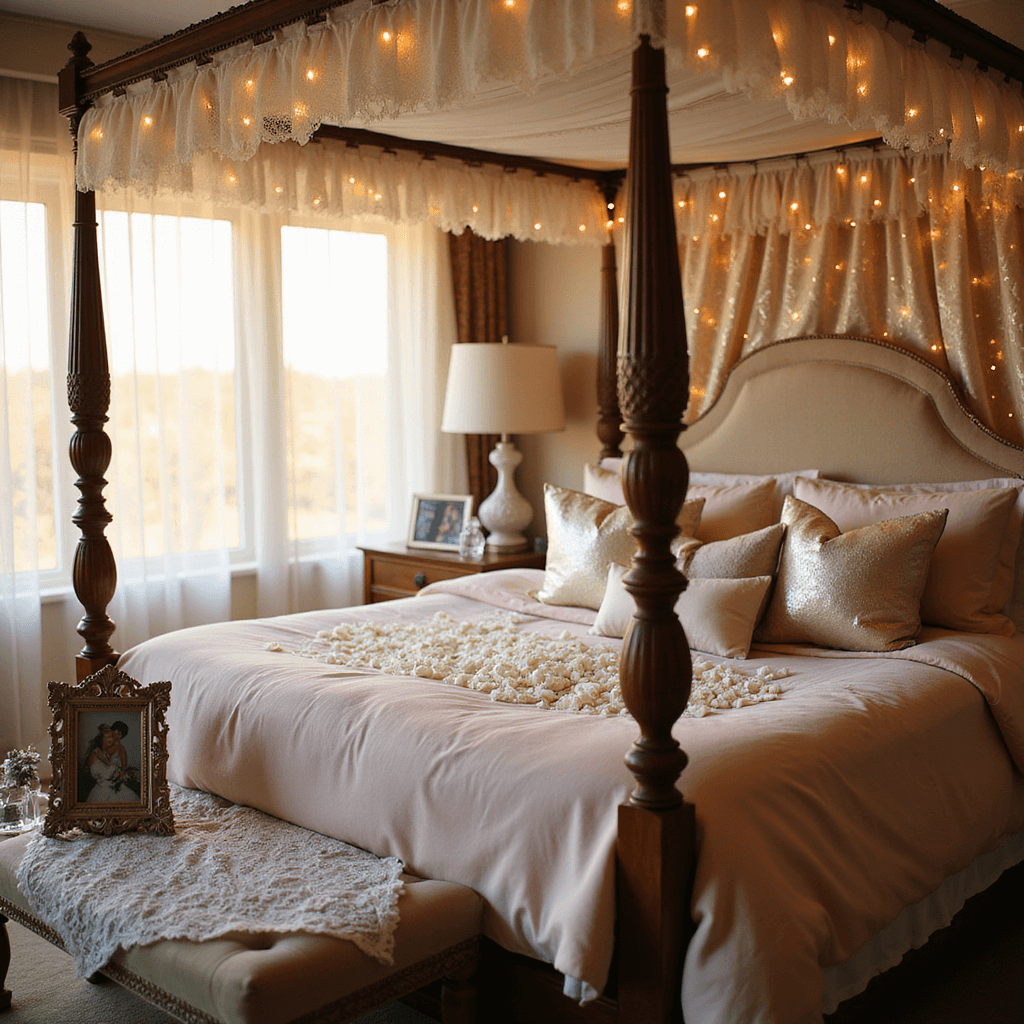 Crafting the Perfect Wedding Night Room Decor: A Comprehensive Guide A dreamy bridal suite bathed in golden hour light, featuring a four-poster bed with blush pink linens, white rose petals, and metallic throw pillows, surrounded by cascading fairy lights, ornate wedding photos, and a delicate lace-covered bedside table with crystal perfume bottles.