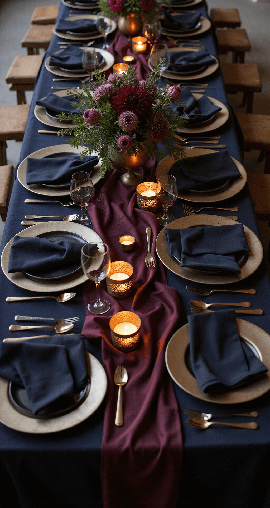 Moody Wedding Flowers: Unleashing Drama and Romance in Your Wedding Palette Overhead view of an elegant evening reception table with dark navy linens, metallic chargers, black ceramics, aged brass cutlery, and striking floral centerpieces of plum dahlias and mauve ranunculus in copper compotes.