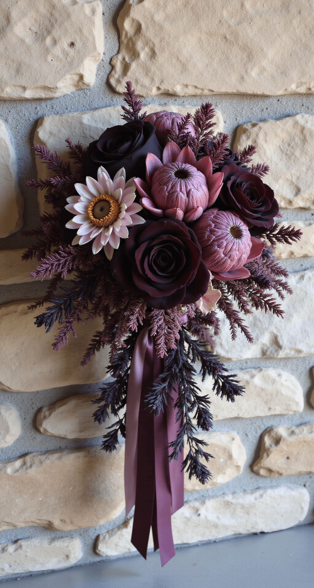 Moody Wedding Flowers: Unleashing Drama and Romance in Your Wedding Palette A cascading bridal bouquet with black roses, wine dahlias, and proteas against a stone wall, highlighted by natural light and dark purple ribbons.
