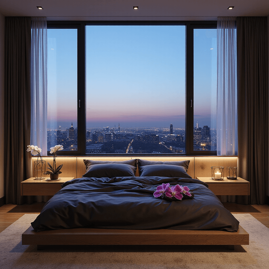 Crafting the Perfect Wedding Night Room Decor: A Comprehensive Guide Modern penthouse master bedroom at twilight, featuring a clean-lined platform bed with charcoal silk bedding and deep purple orchids, panoramic windows with city lights, ambient LED strip lighting behind a floating headboard, minimalist brass side tables with geometric candle holders, and fresh white calla lilies, captured straight-on to emphasize symmetry and sophistication.