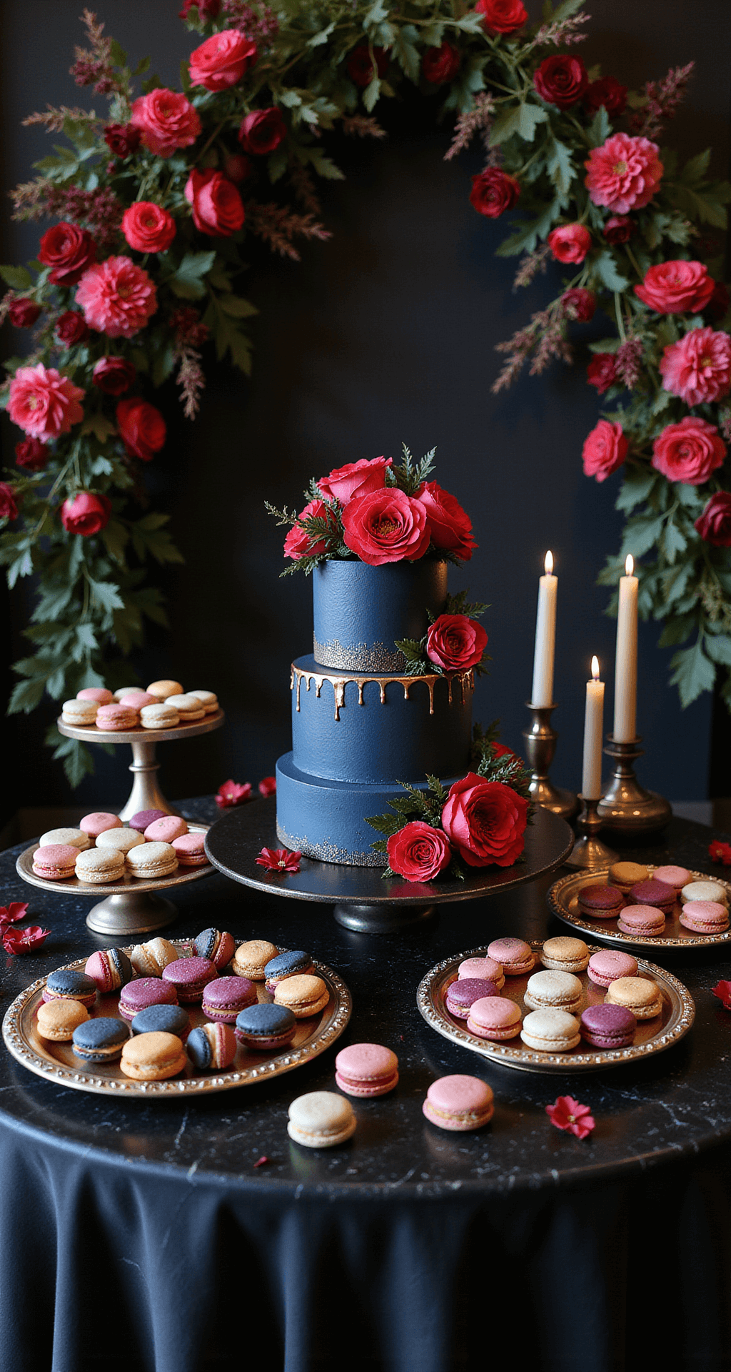 Moody Wedding Flowers: Unleashing Drama and Romance in Your Wedding Palette Wide-angle view of a gothic romance-themed dessert display with a navy and copper three-tier cake, jewel-toned petit fours, and macarons on mirror platforms, surrounded by dark floral arrangements and candlelight ambiance.