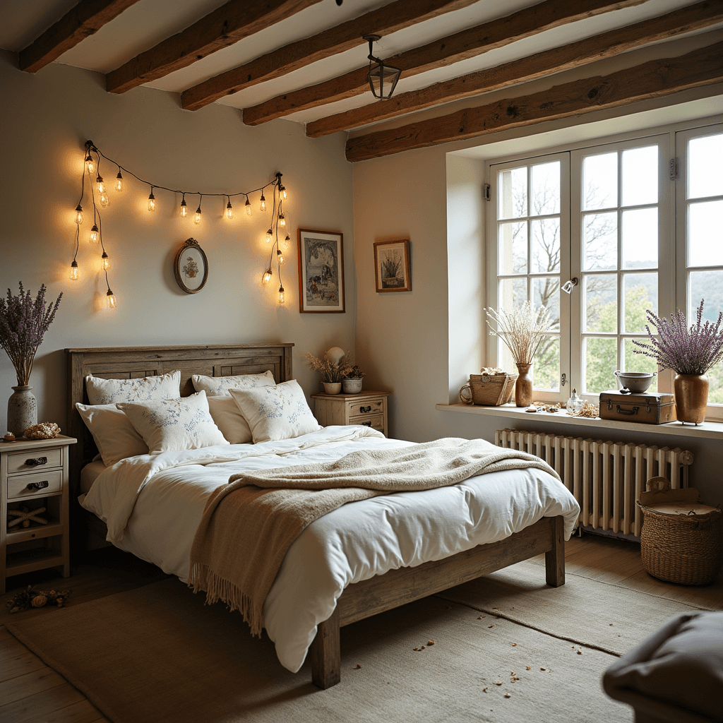 Crafting the Perfect Wedding Night Room Decor: A Comprehensive Guide Rustic-luxe cottage bedroom bathed in early morning light, featuring a weathered wooden bed with cream linen and embroidered blankets, mason jar fairy lights hanging from beams, a vintage suitcase as a gift display, dried lavender in copper vases, and scattered wild garden roses, creating a cozy atmosphere.
