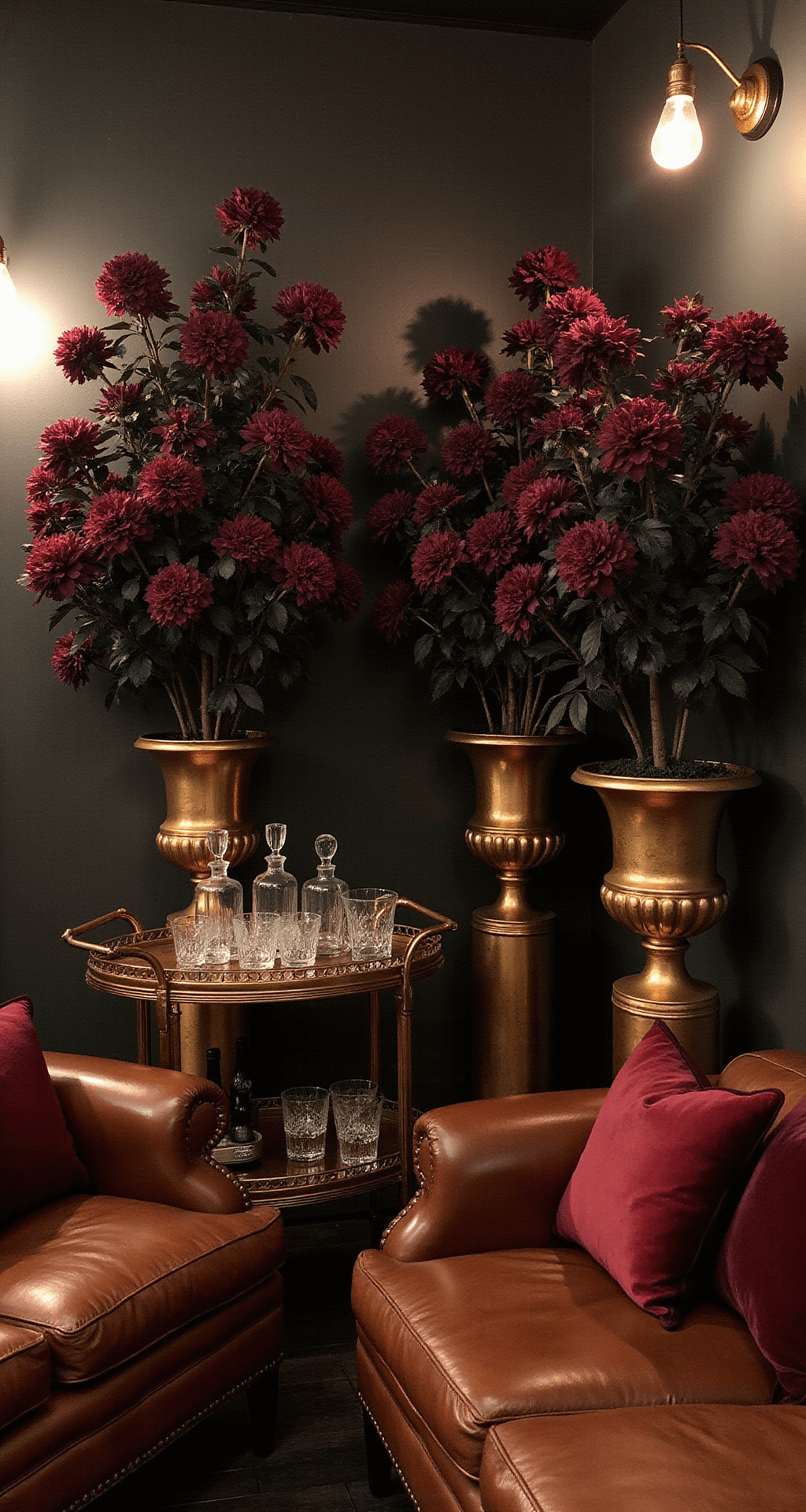 Moody Wedding Flowers: Unleashing Drama and Romance in Your Wedding Palette Intimate cocktail lounge with vintage leather seating, dramatic floral arrangements, and a copper bar cart with crystal decanters. Moody uplighting and Edison bulbs create a warm ambient glow. Velvet throw pillows in deep jewel tones add texture.